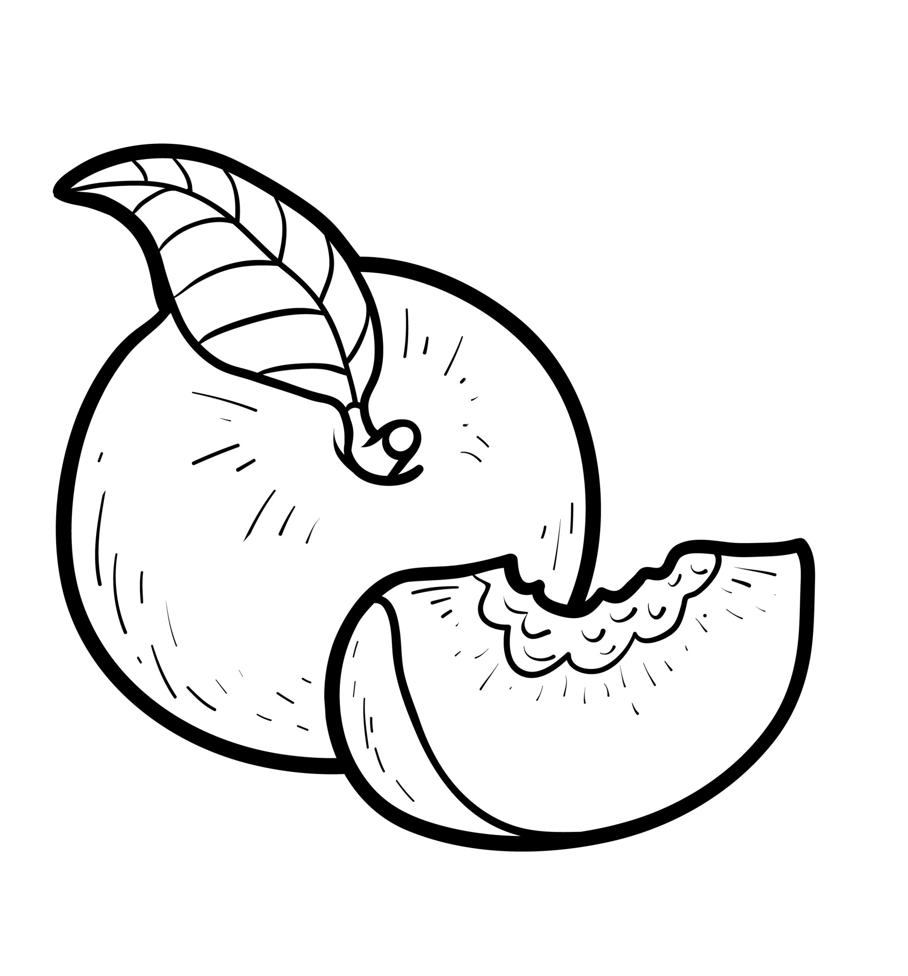 Раскраска для детей: персик с листиком и долькой