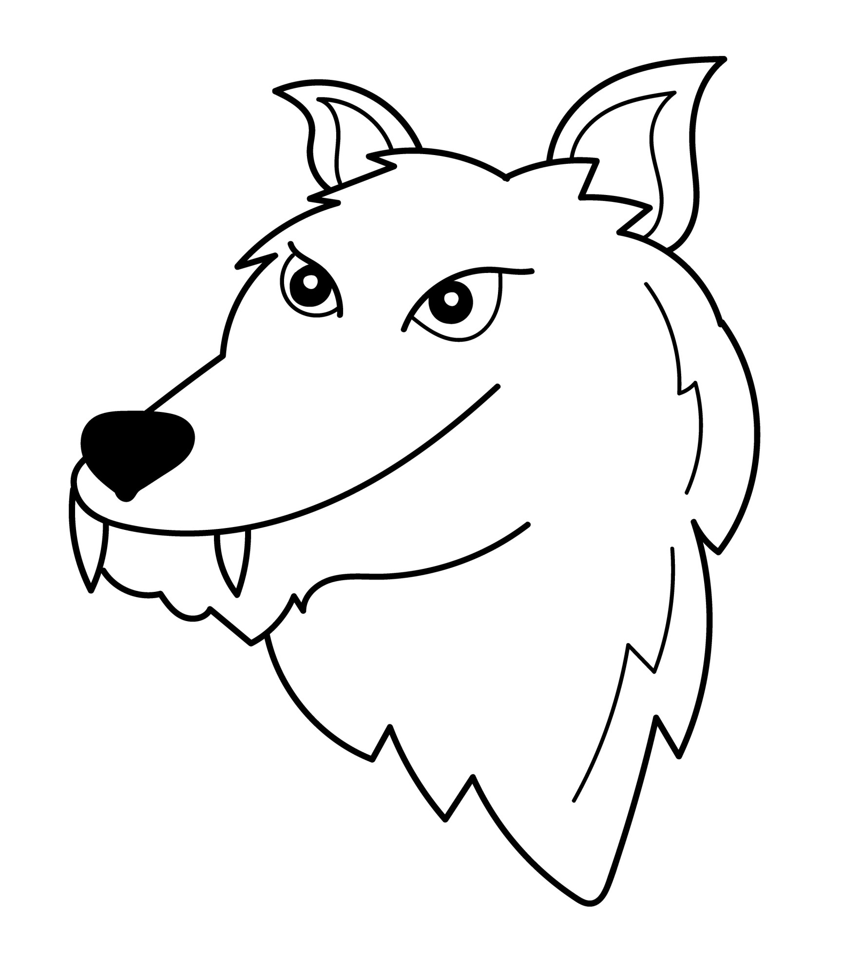 Раскраска для детей: голова волка с клыками