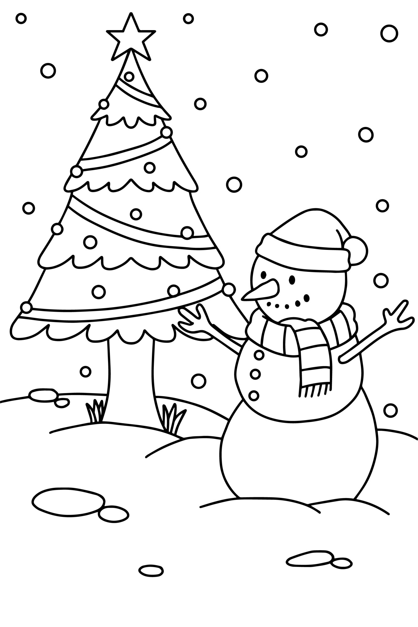 Раскраска для детей: новогодняя ёлка и снеговик в шапке с шарфом