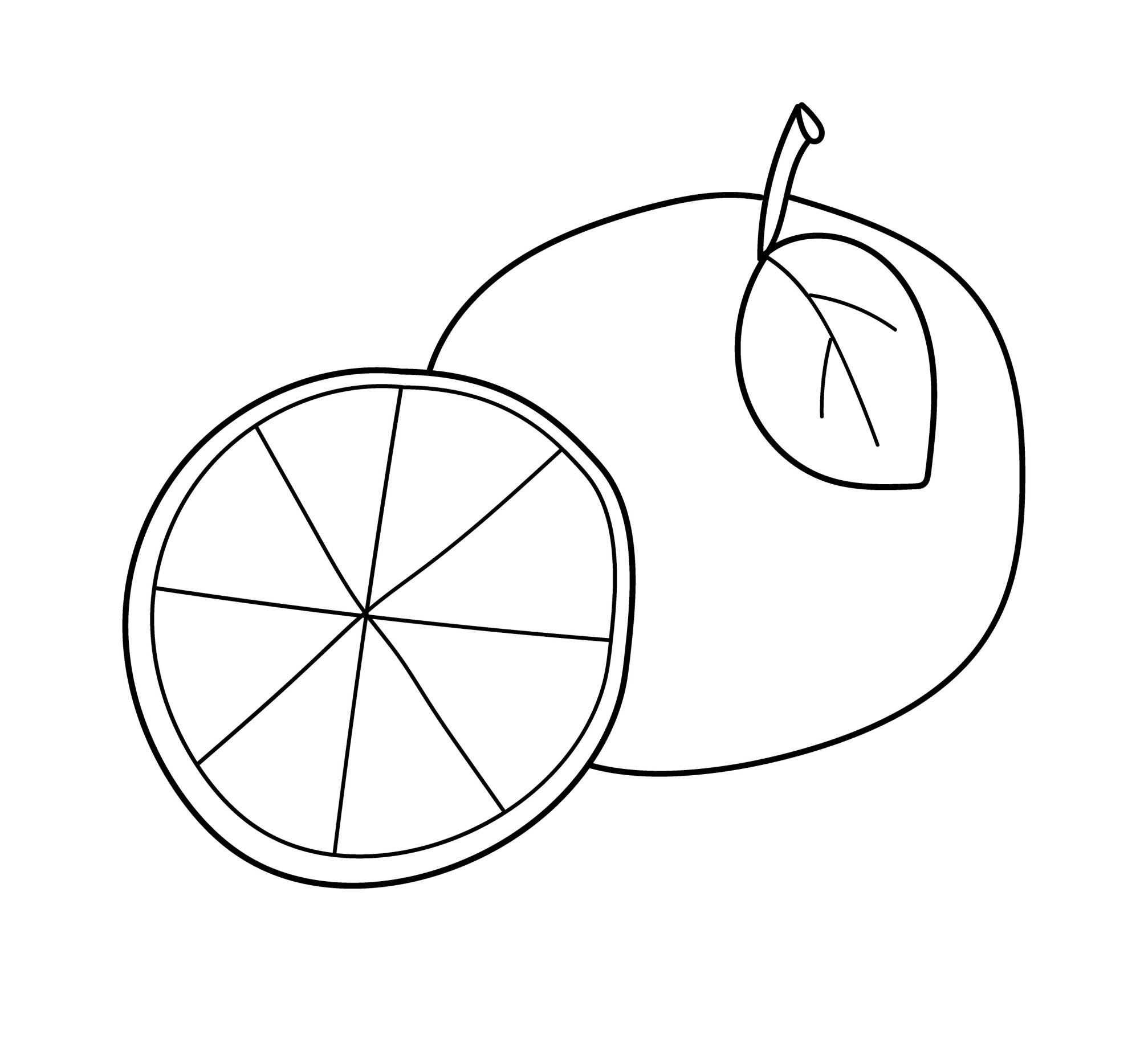 Раскраска для детей: сладкий апельсин с половинкой