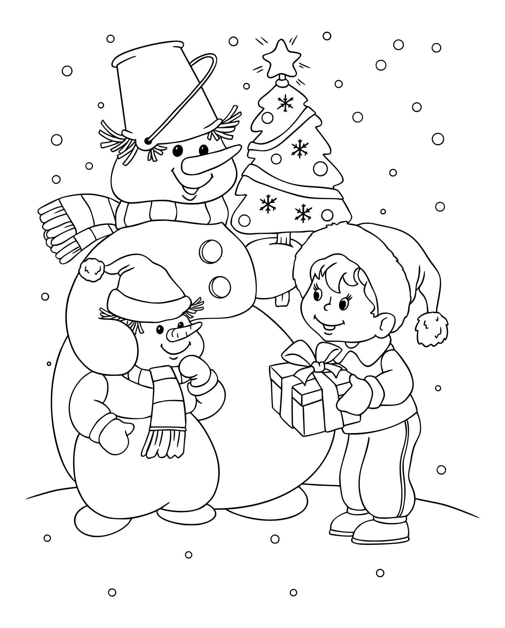 Раскраска для детей: большой снеговик с елочкой в руках разговаривает с мальчиком