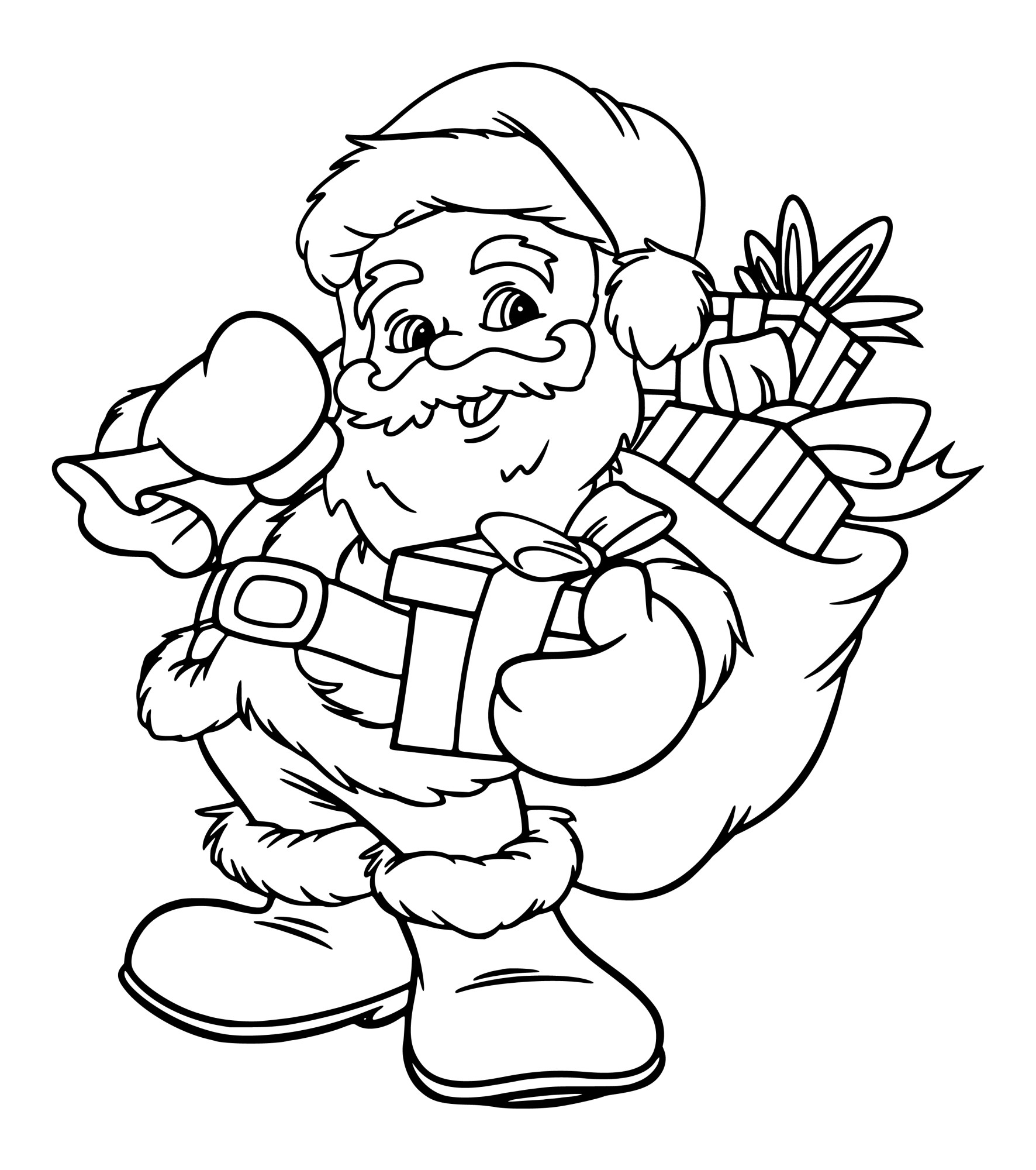 Раскраска для детей: улыбающийся дед мороз с мешком подарков на плече