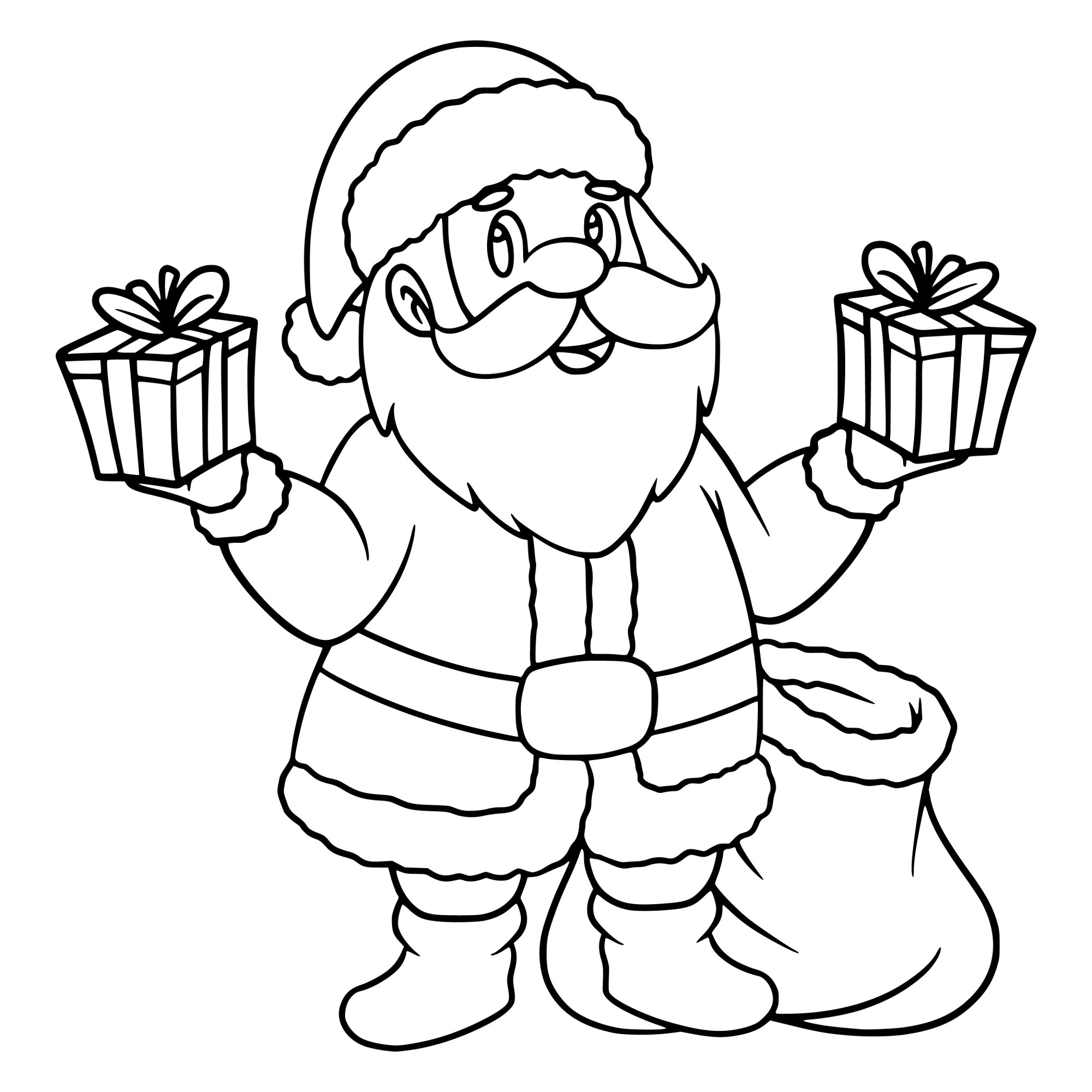 Раскраска для детей: веселый дед мороз с подарками в руках