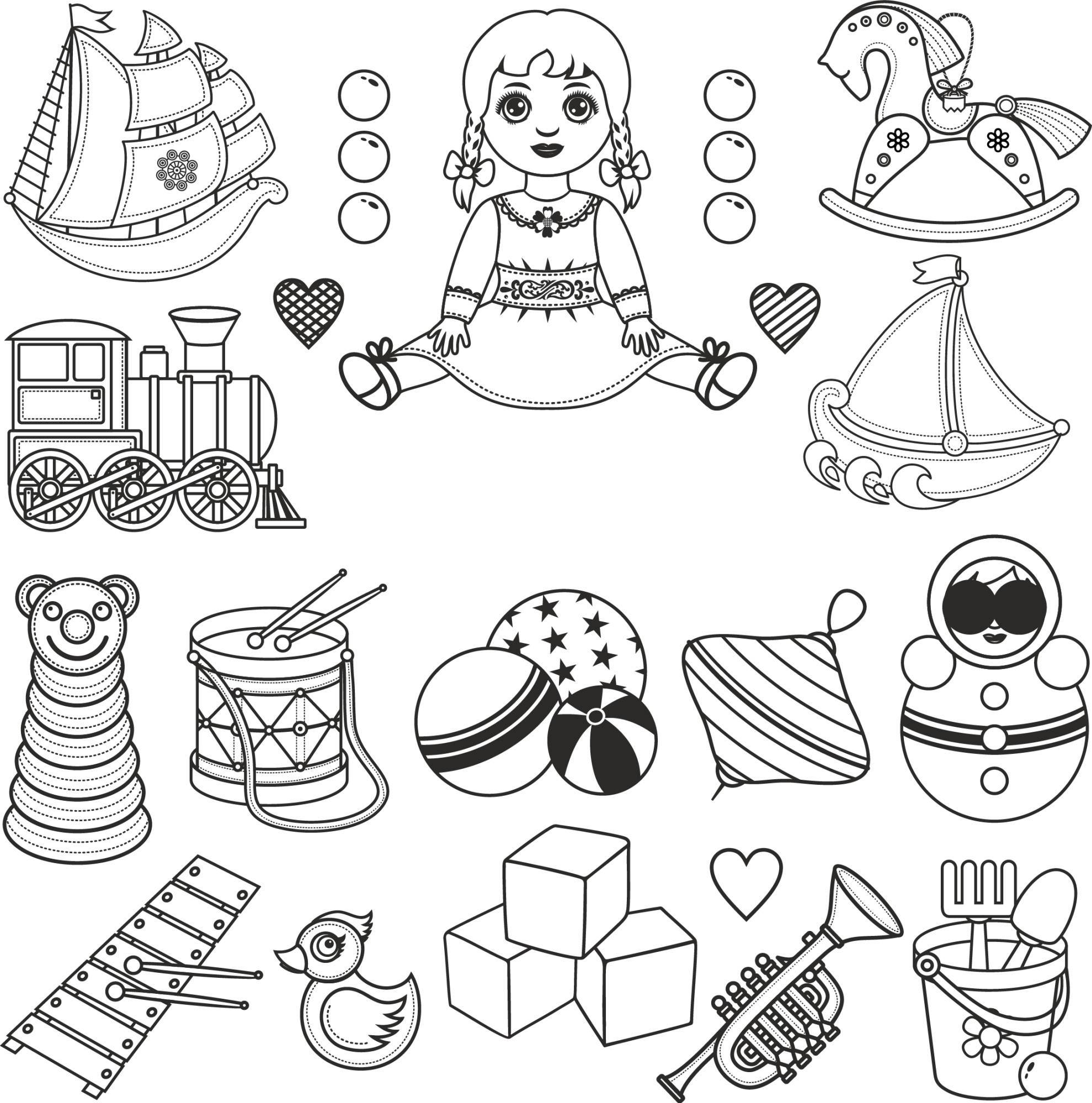 Раскраска для детей: детские игрушки: куклы, кубики, кораблики, юла, матрешка, неваляшка, пирамидка, уточка