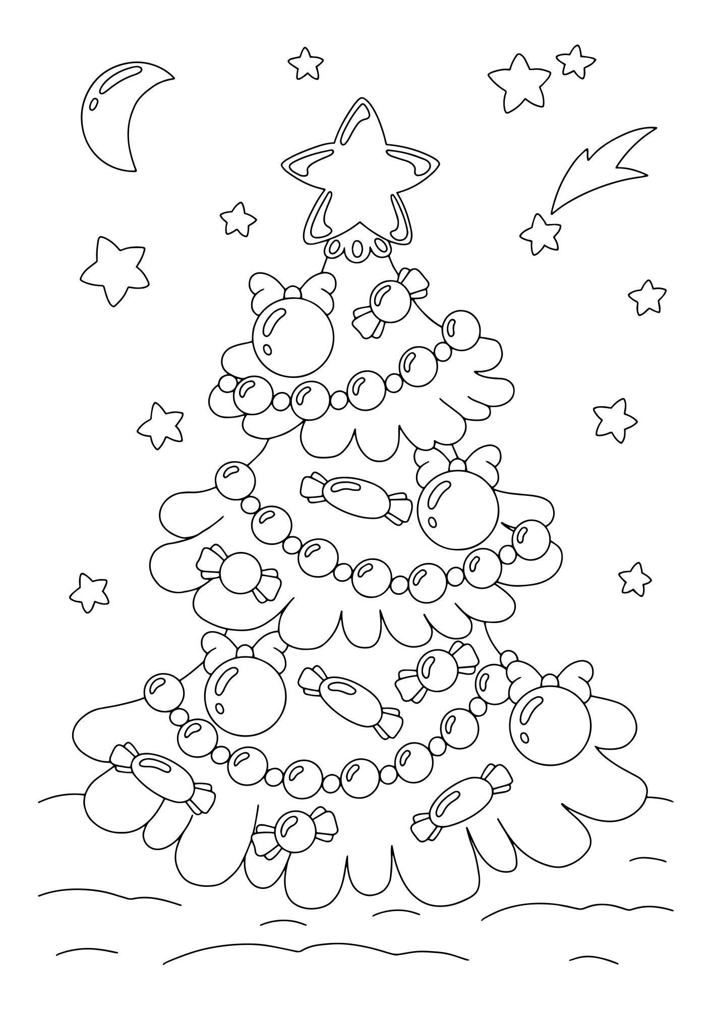 Раскраска для детей: украшенная новогодняя ёлка в лесу на фоне луны и звезд