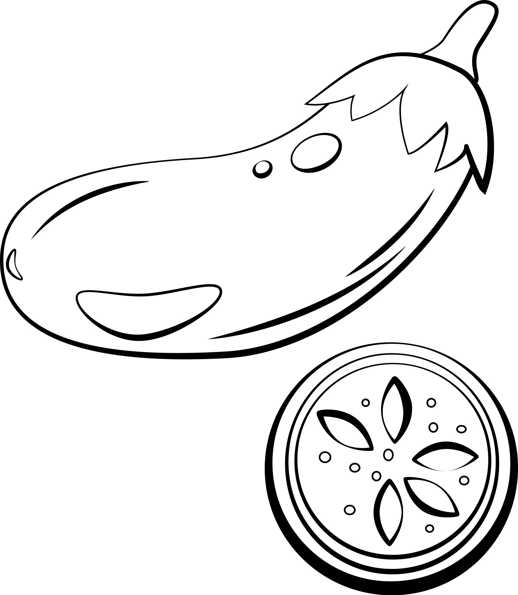 Раскраска для детей: вкусный баклажан с долькой