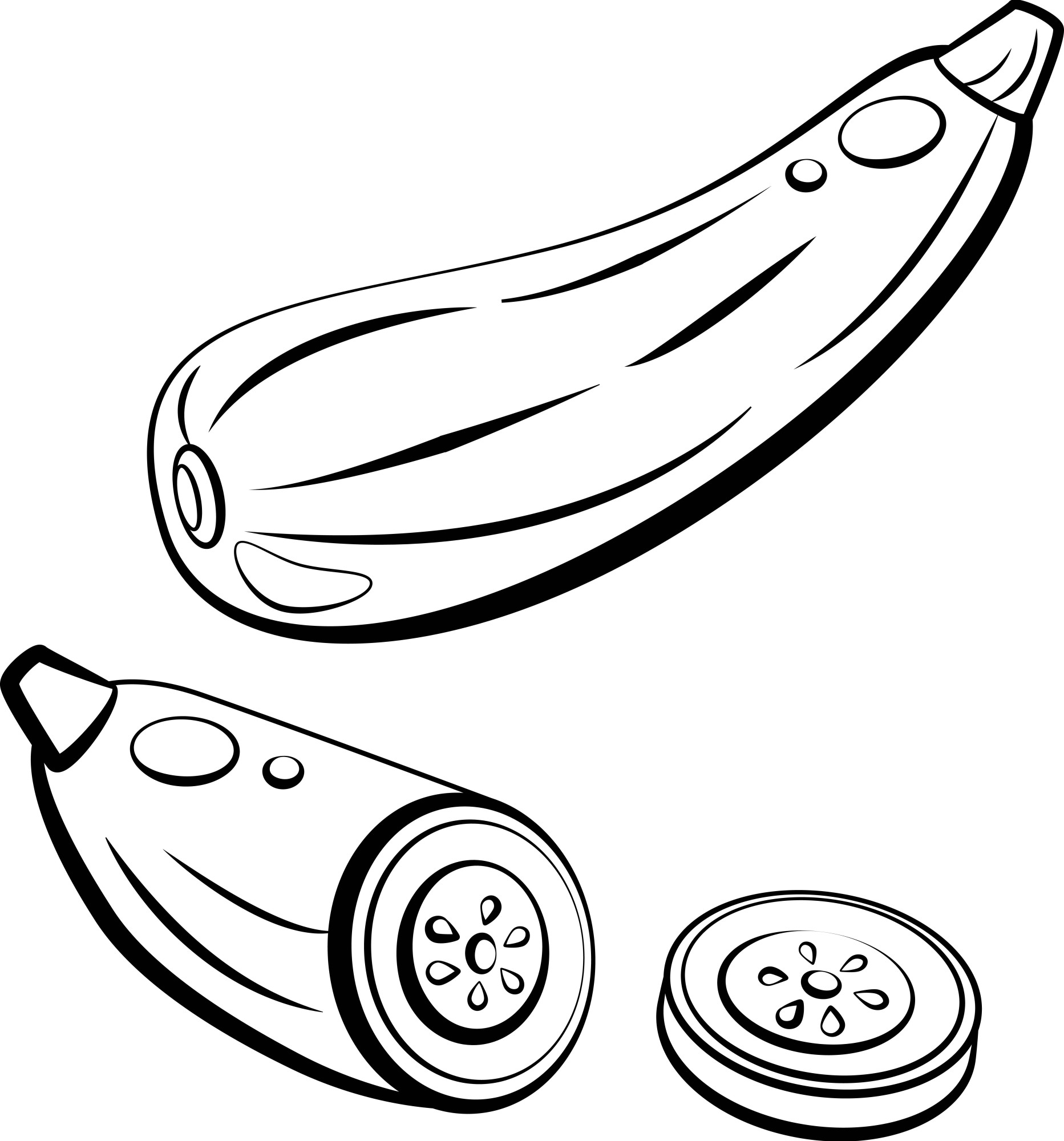 Раскраска для детей: спелый кабачок и половинка с ломтиками