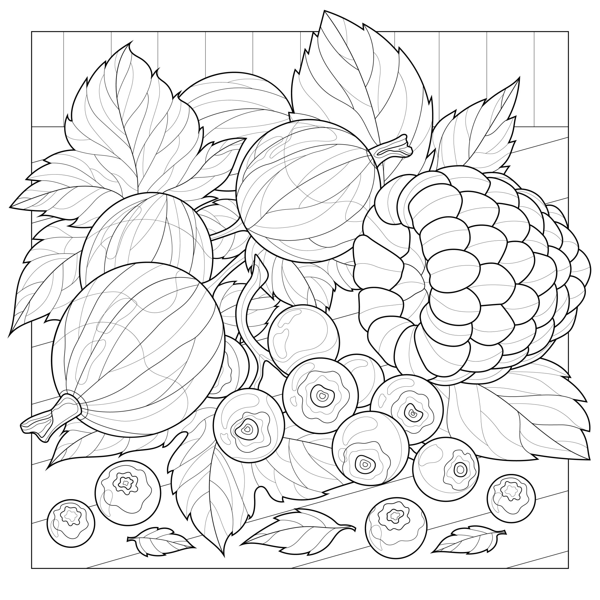 Раскраска для детей: крыжовник с ягодами черники и малины