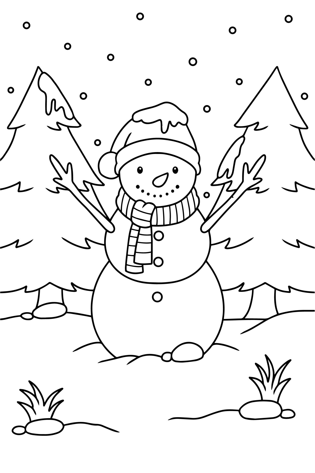 Раскраска для детей: снеговик в зимнем лесу на фоне ёлок