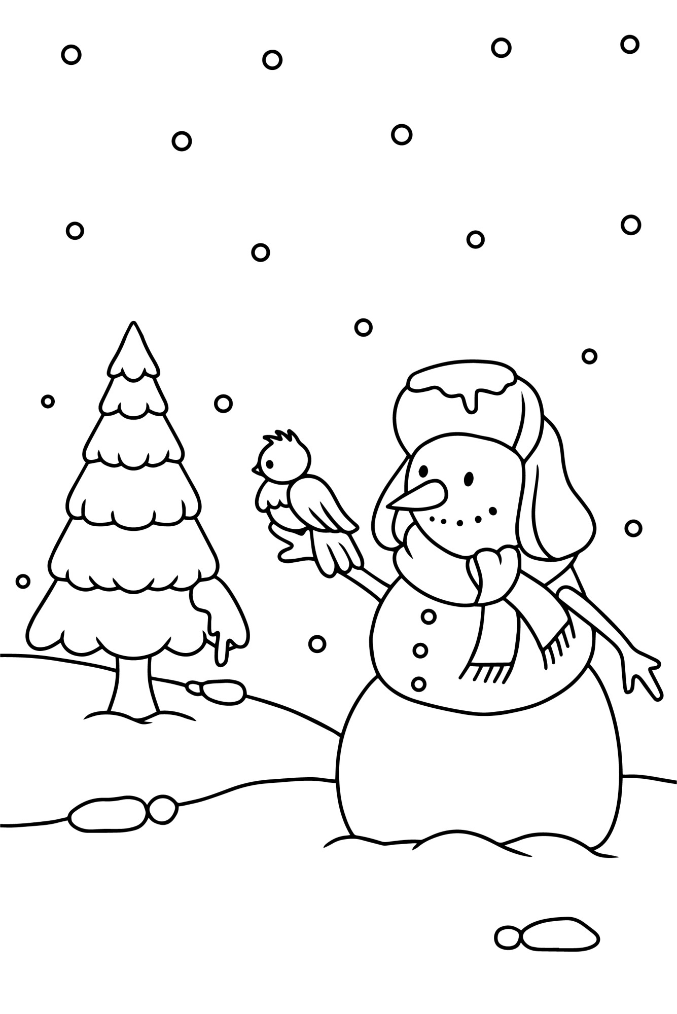 Раскраска для детей: милый снеговик с птичкой на фоне елки в снегу
