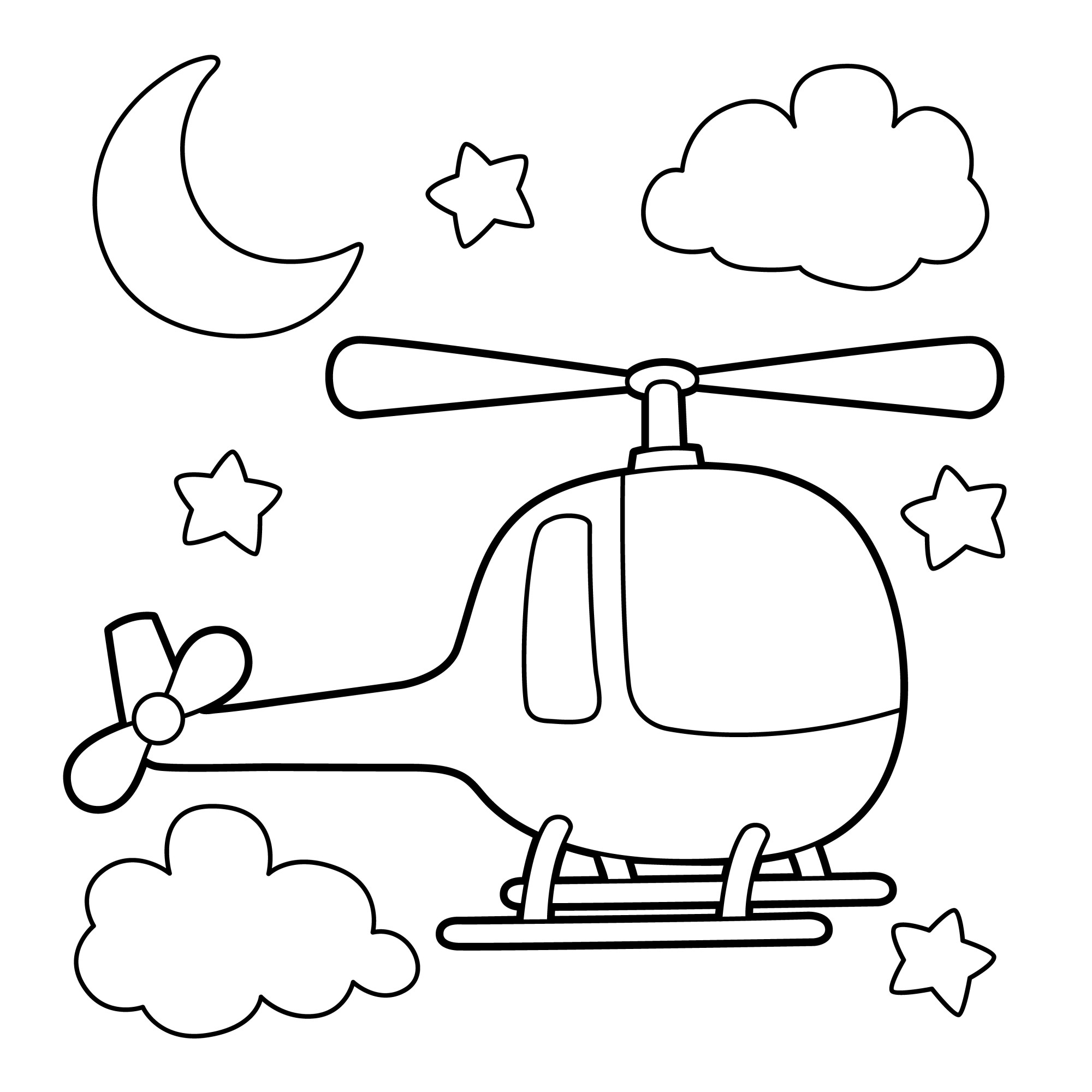 Раскраска для детей: игрушечный вертолет на фоне луны и звезд