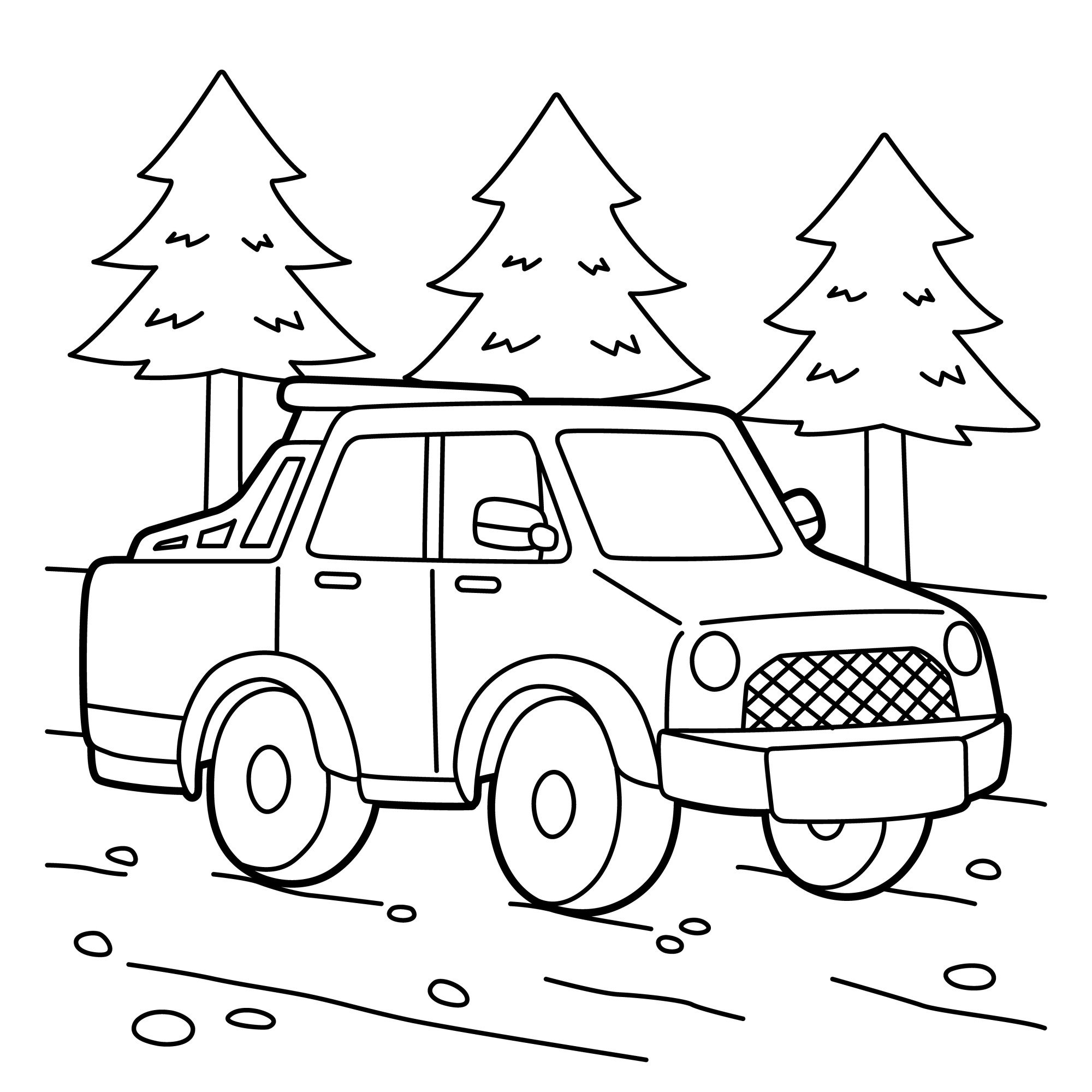 Раскраска для детей: автомобиль пикап на фоне елок