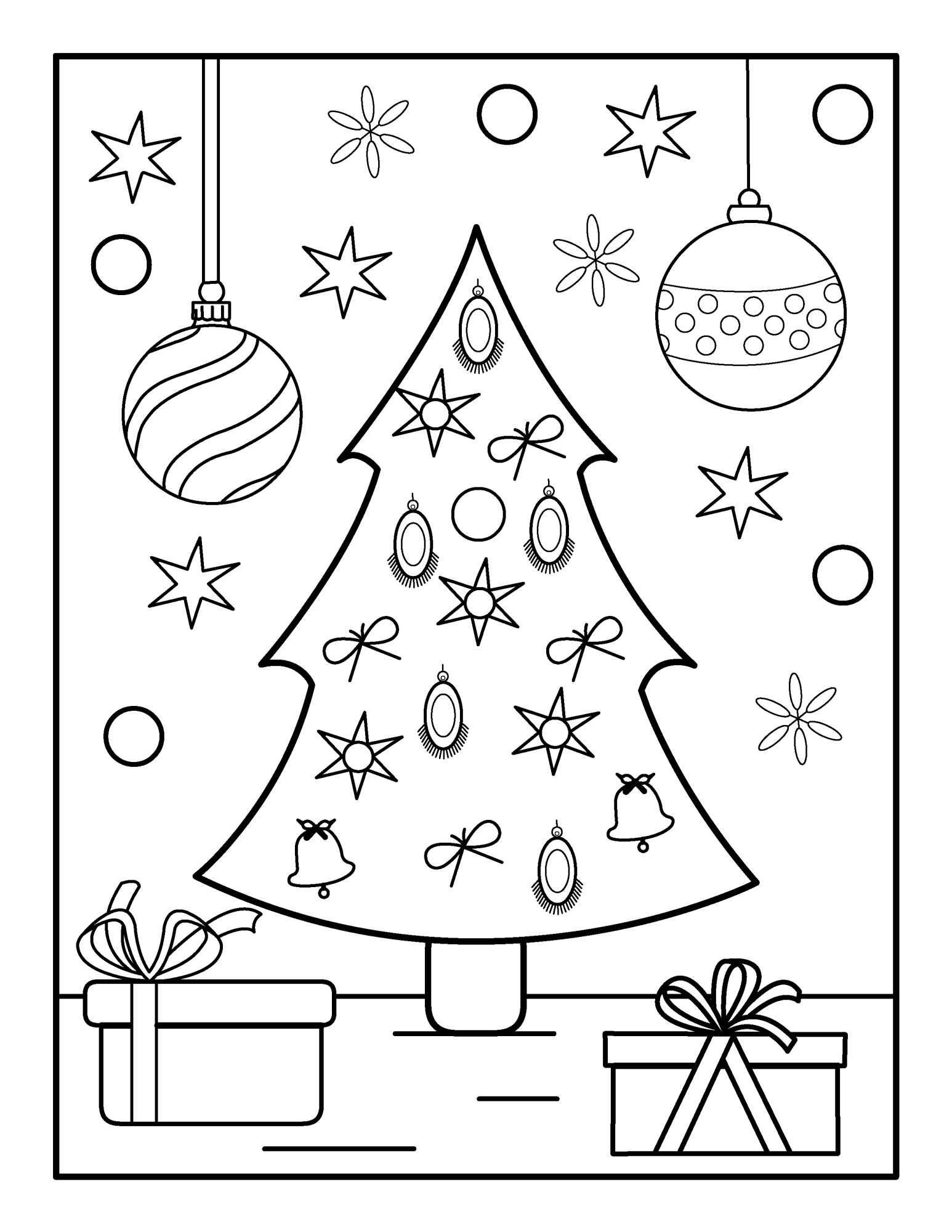 Раскраска для детей: новогодняя ёлка игрушки и коробки с подарками