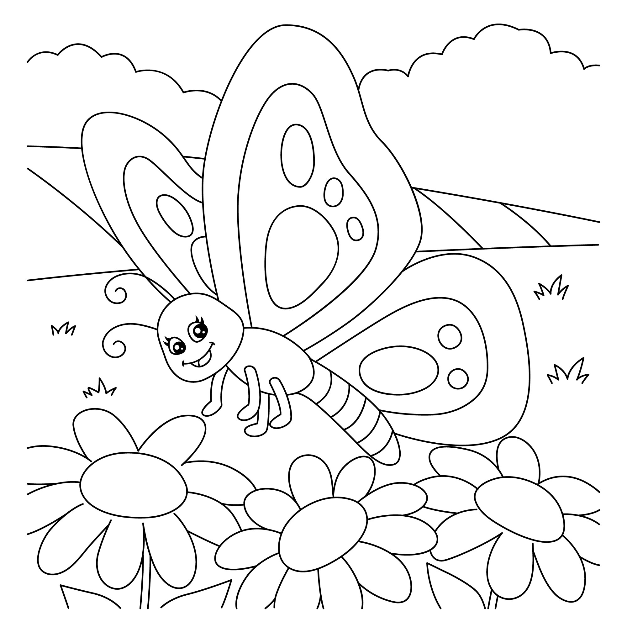 Раскраска для детей: бабочка в поле пролетает над цветами