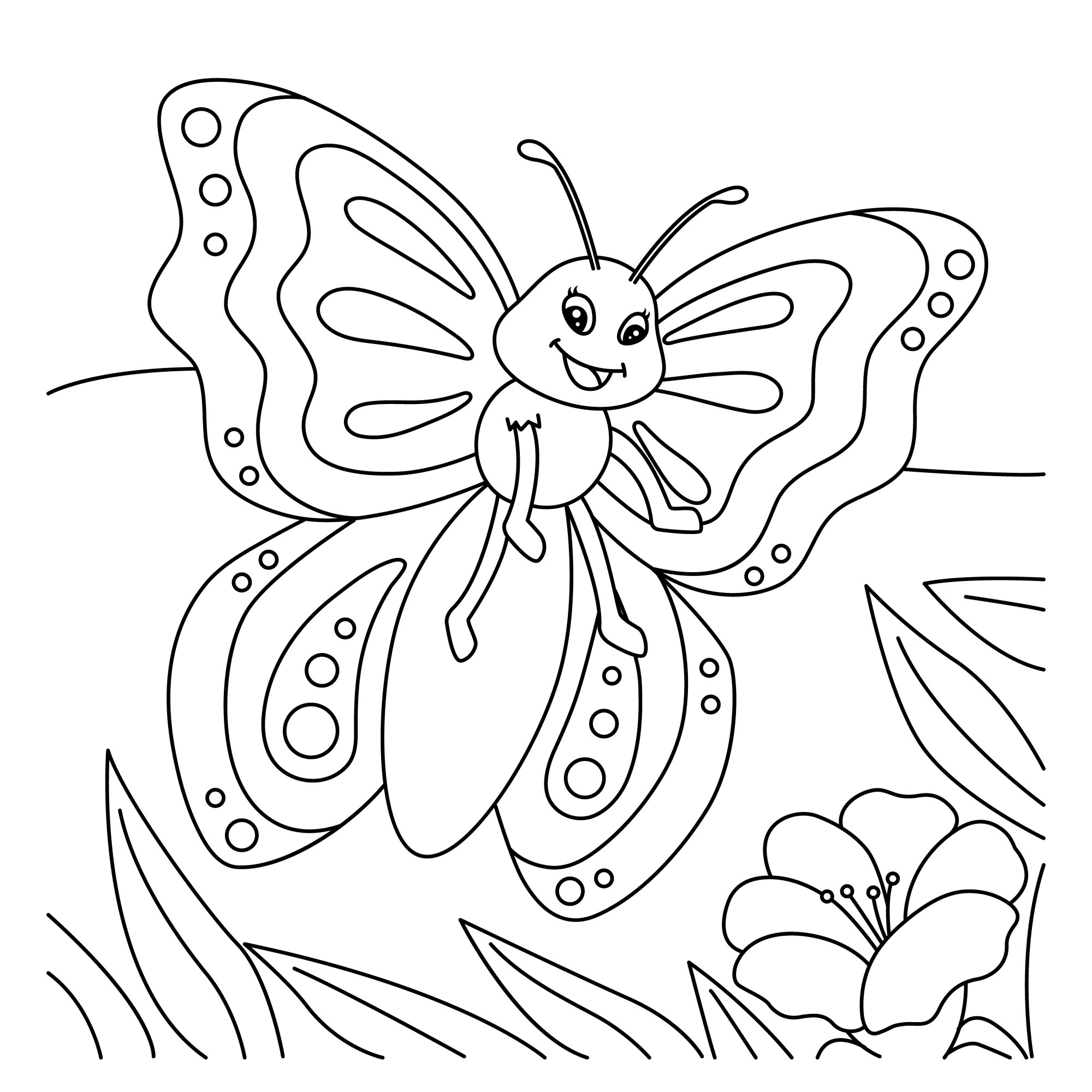 Раскраска для детей: мультяшная бабочка с радостным лицом летит над цветком