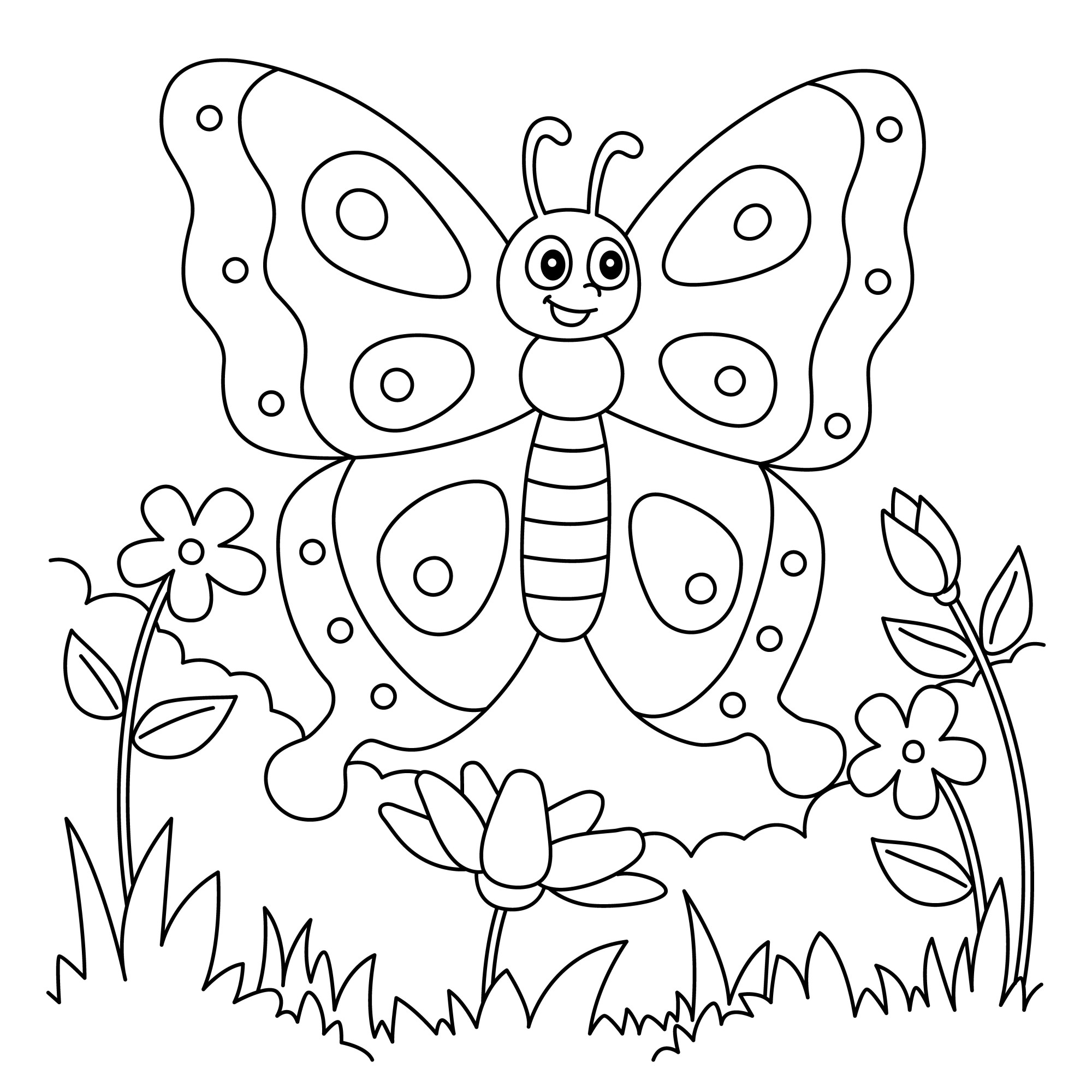 Раскраска для детей: мультяшная радостная бабочка в цветах