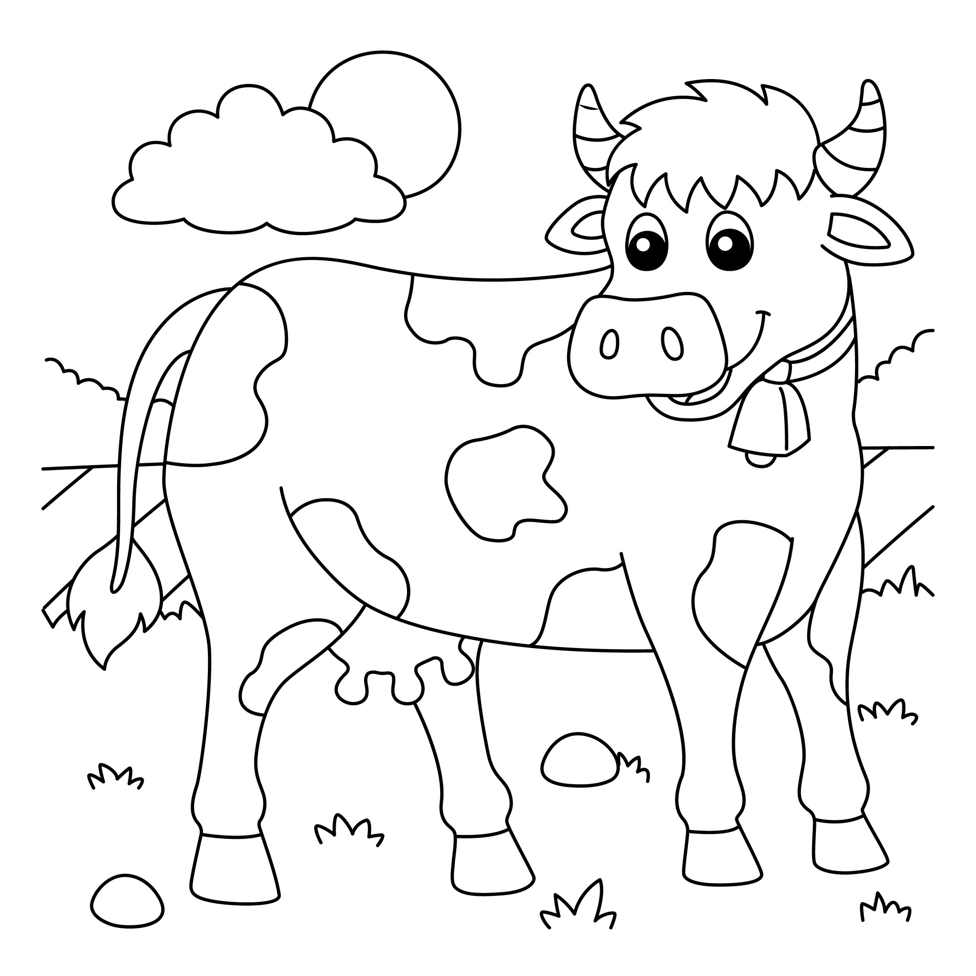 Раскраска для детей: добрая корова с колокольчиком на лугу
