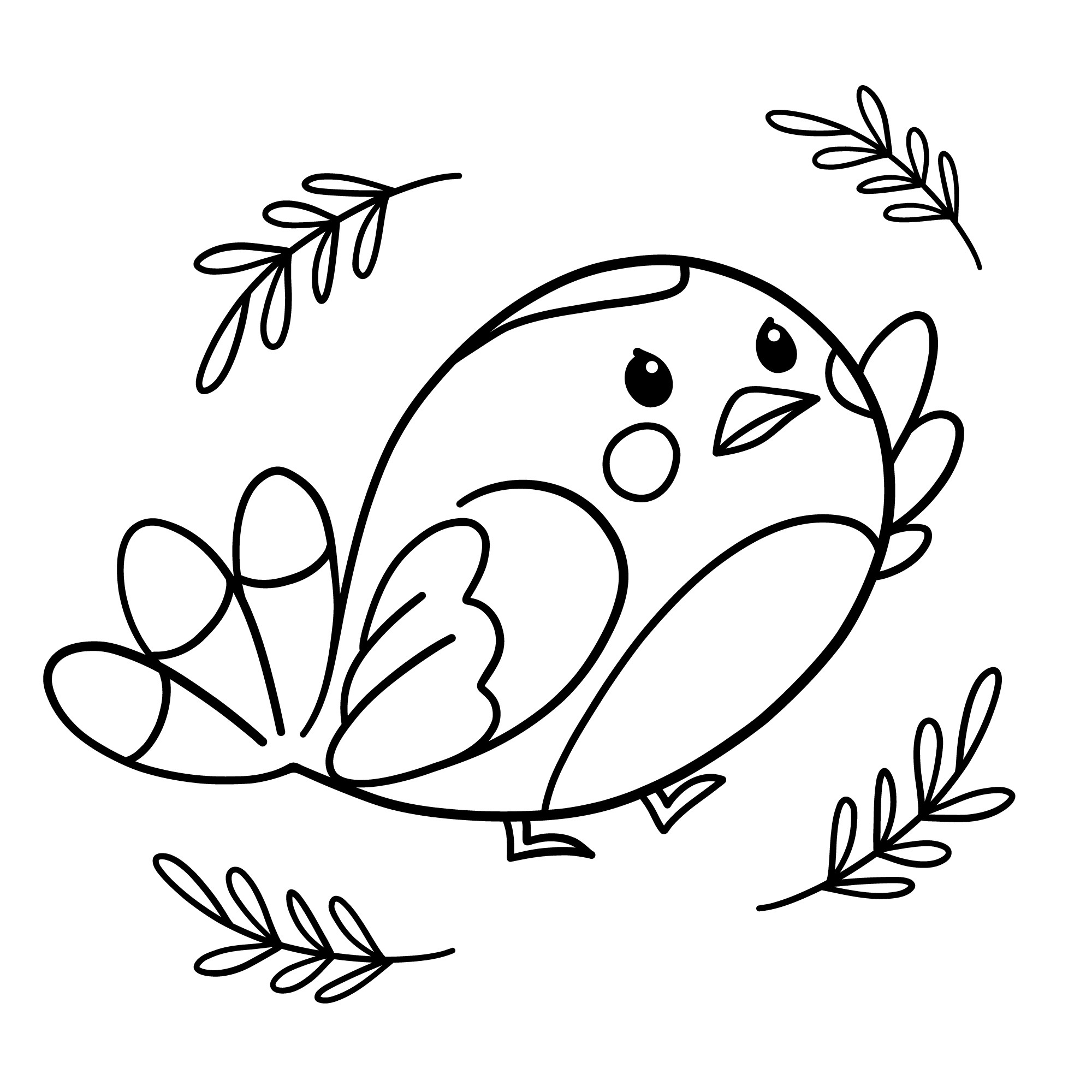 Раскраска для детей: мультяшная птичка с веточками вокруг