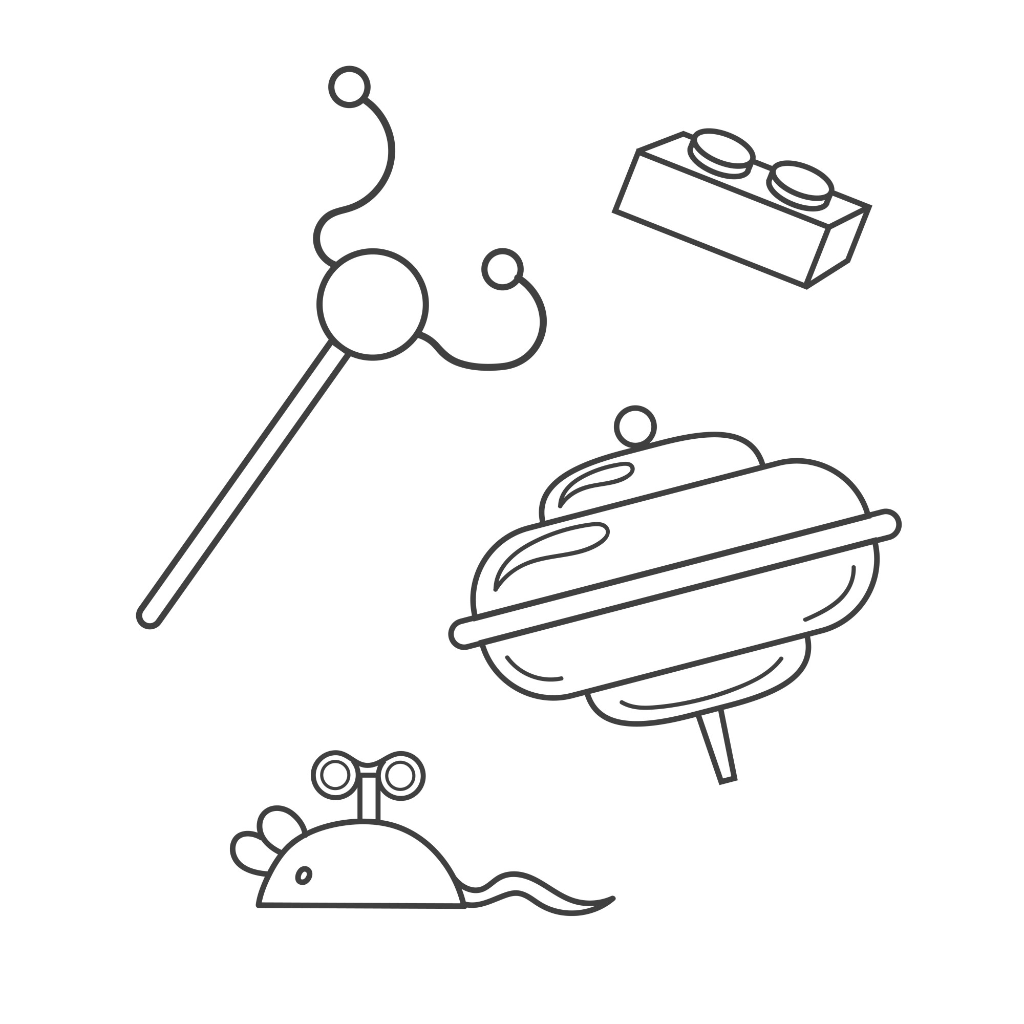 Раскраска для детей: игрушки для малышей: юла, деталь конструктора лего, заводная мышка