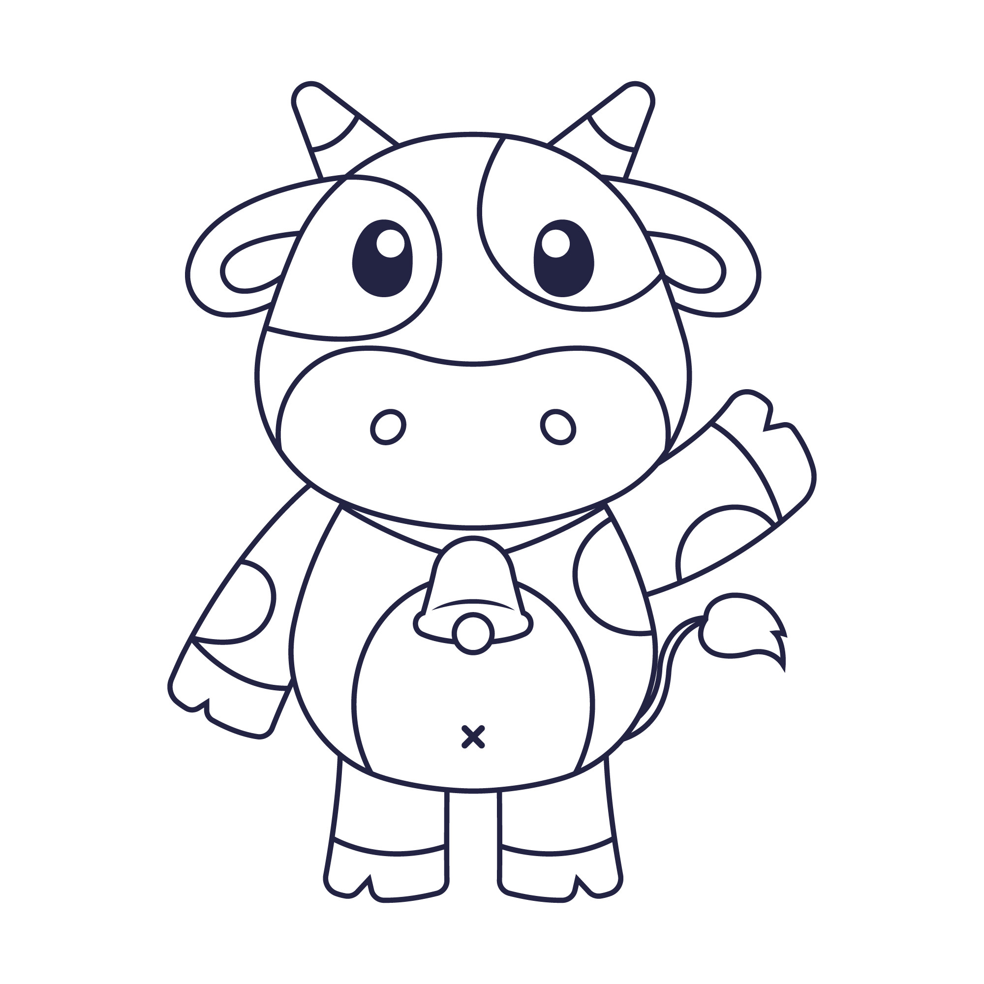Раскраска для детей: мультяшная корова машет копытом