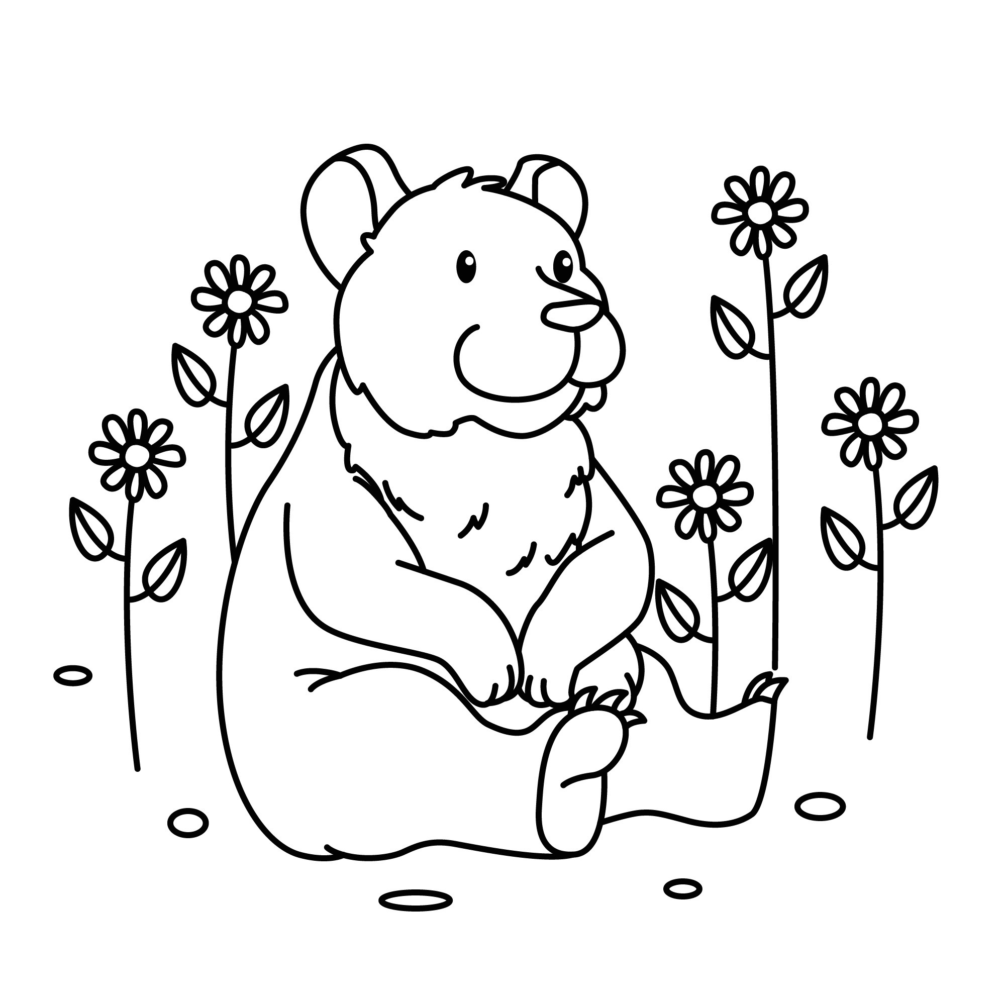 Раскраска для детей: большой медведь сидит на поляне с ромашками