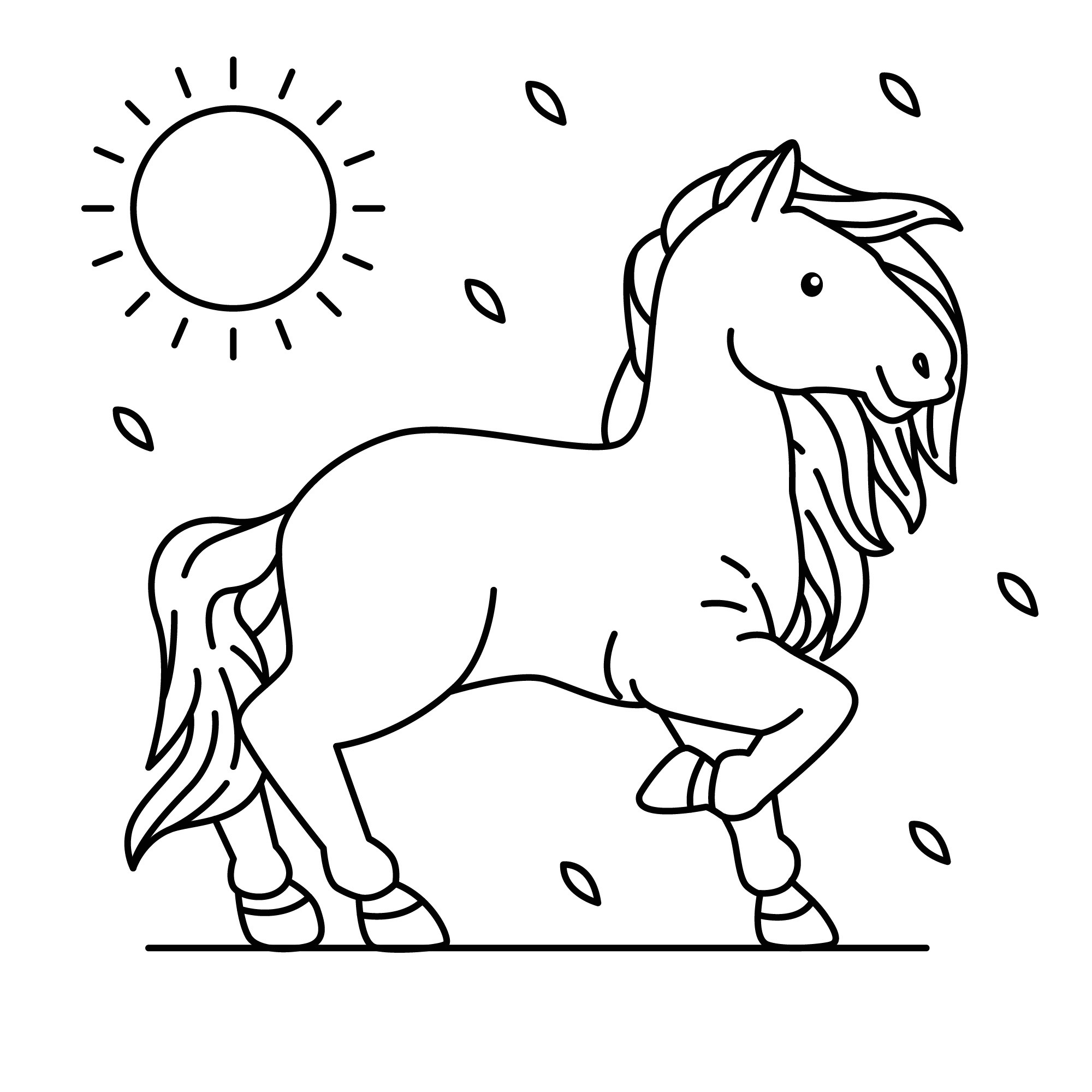 Раскраска для детей: лошадь под солнцем
