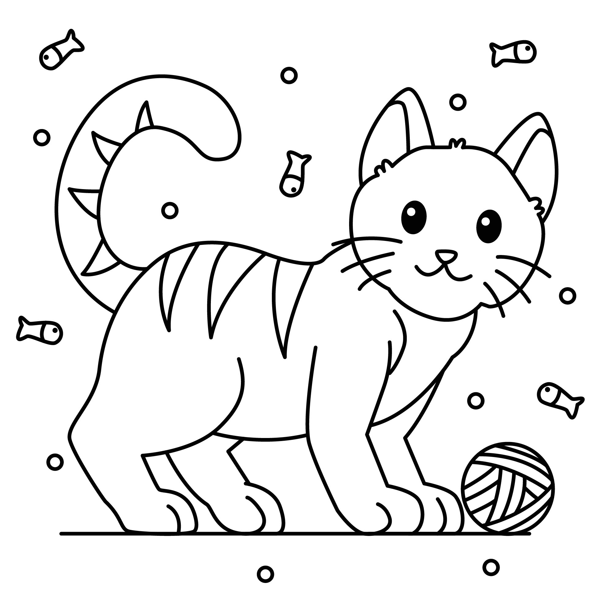 Раскраска для детей: мечты котенка с клубком и рыбками