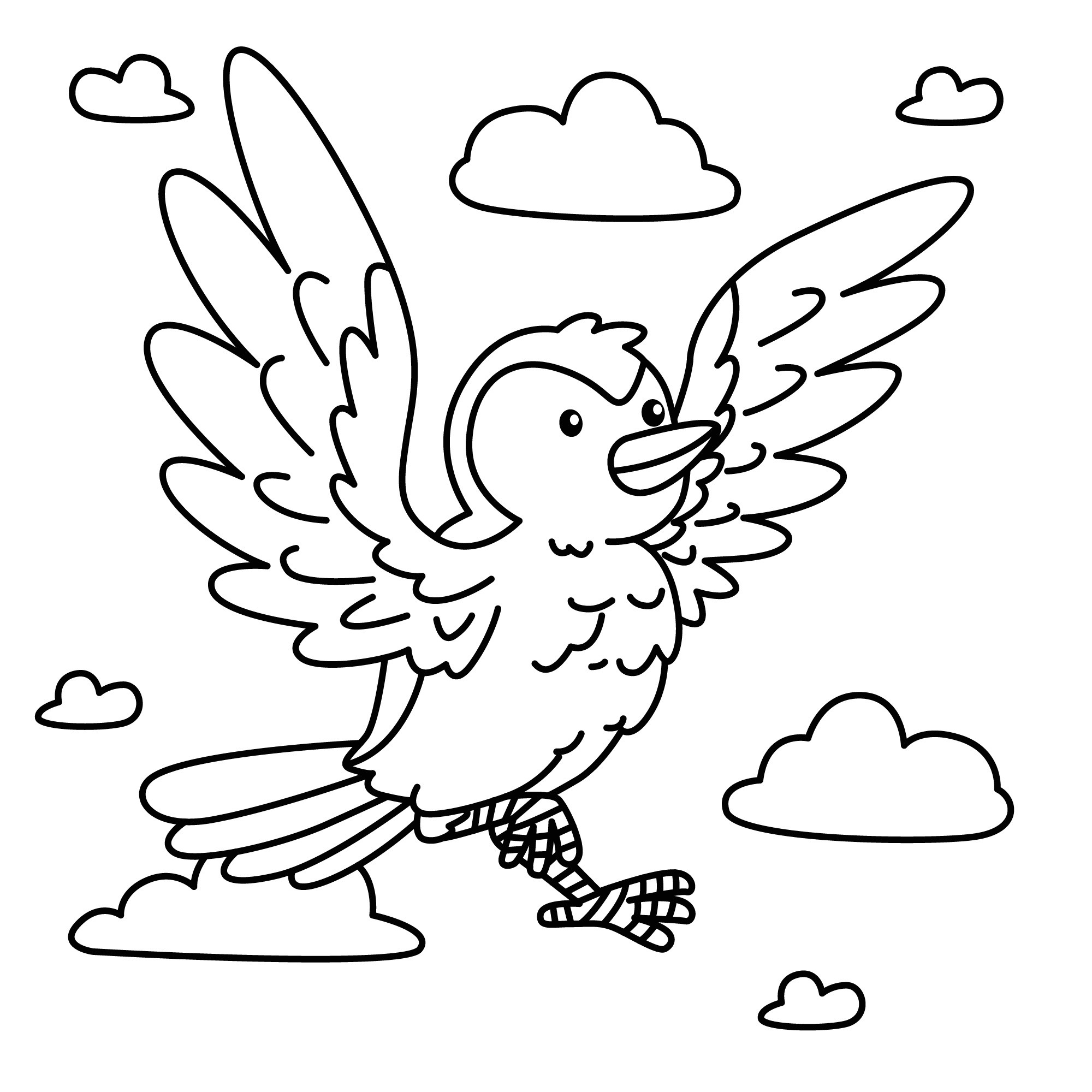 Раскраска для детей: птица порхает в облаках