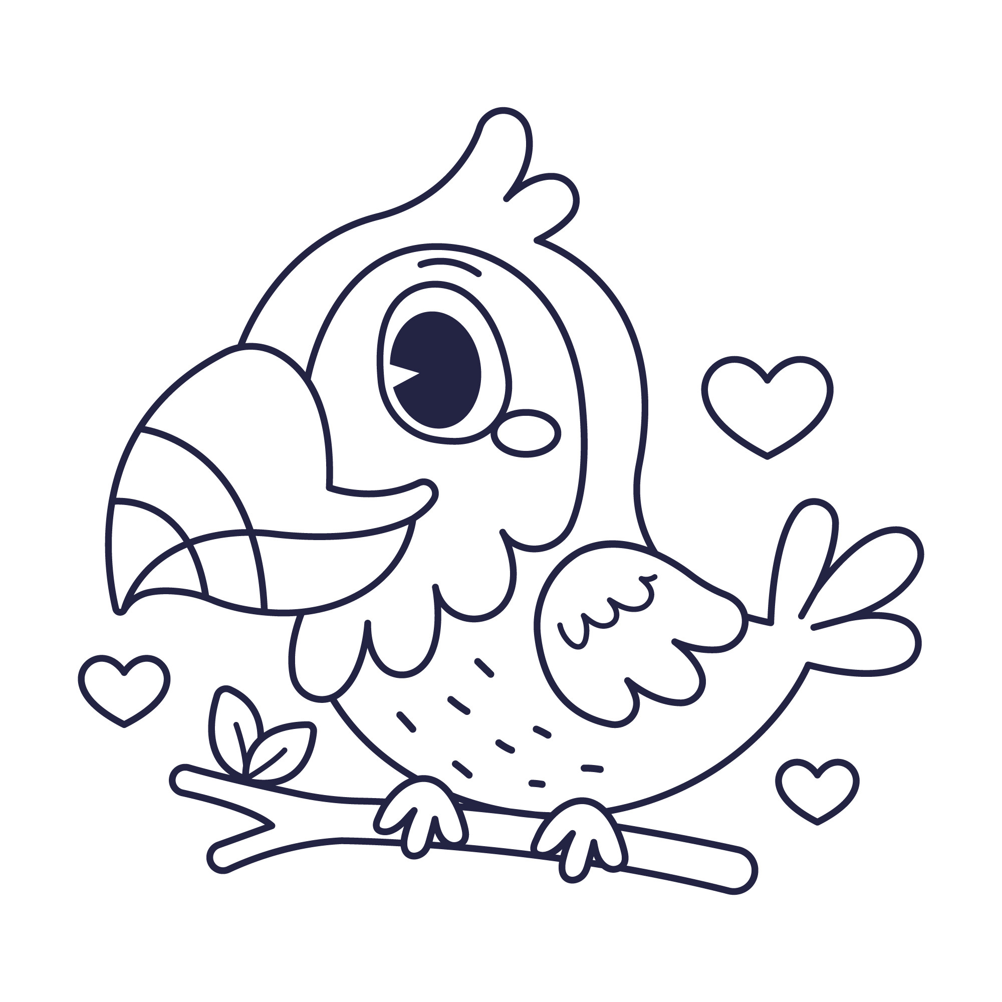 Раскраска для детей: птичка на ветке с большим клювом и сердечками