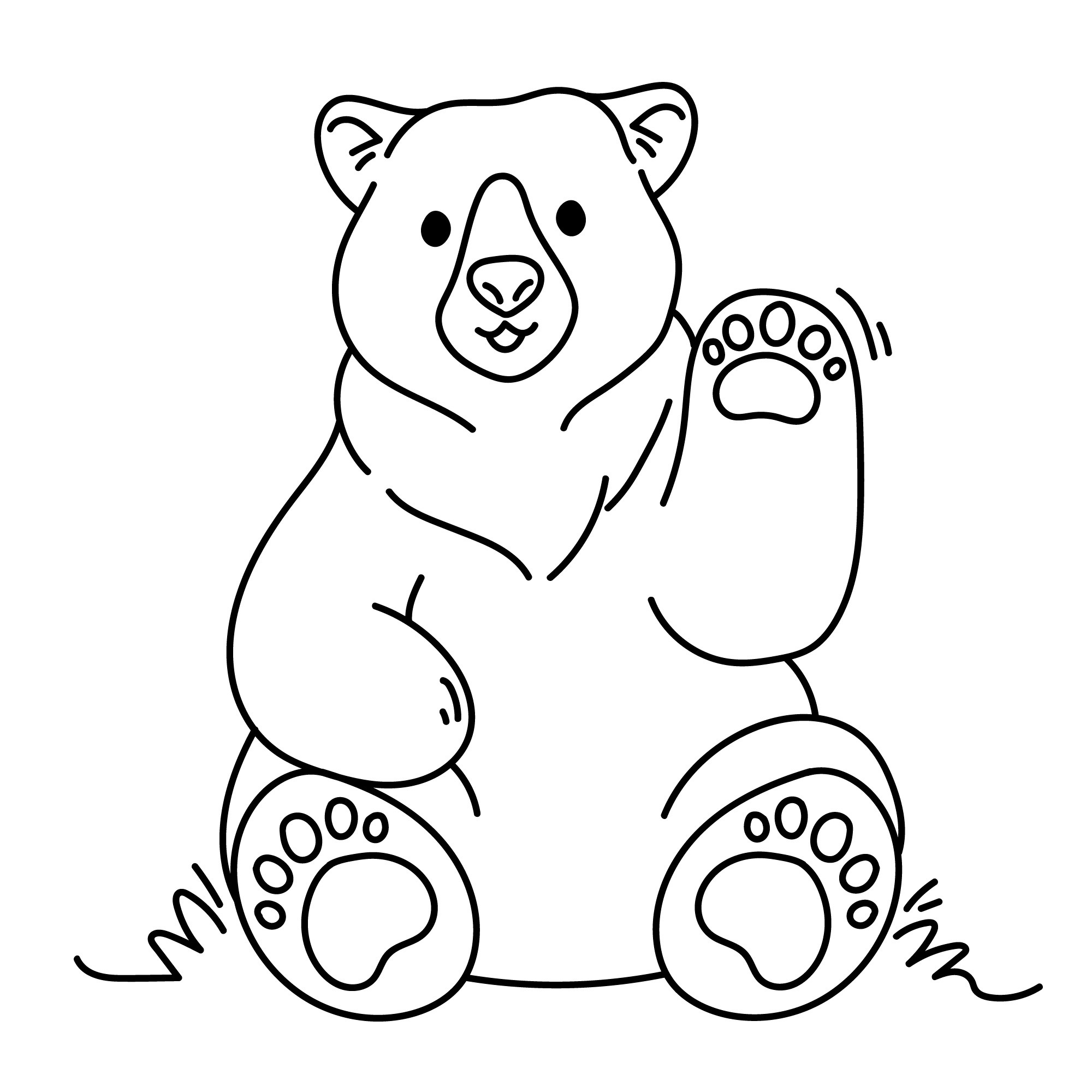 Раскраска для детей: сидящий белый медведь с поднятой лапой