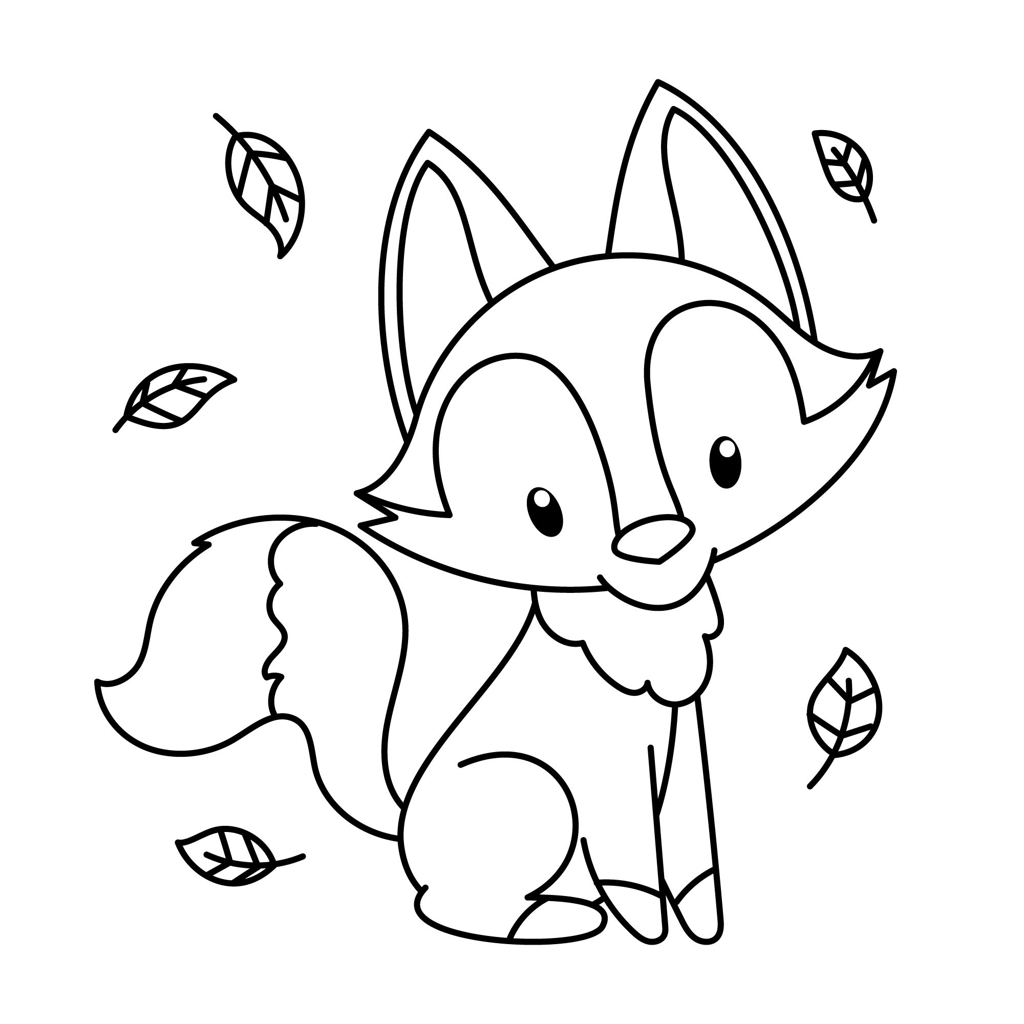 Раскраска для детей: маленькая лисичка с листиками