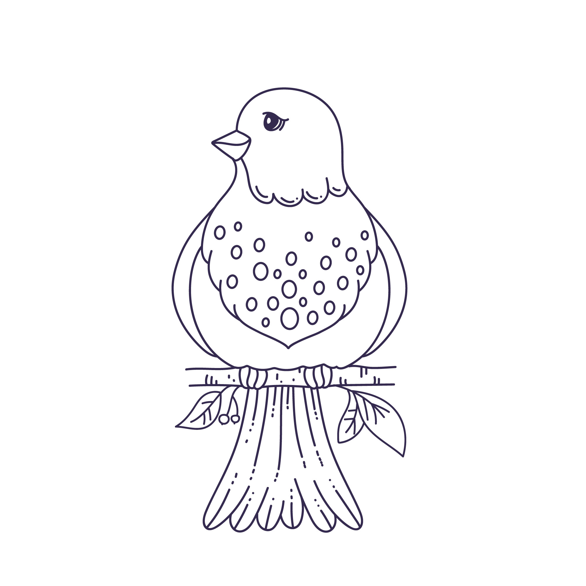 Раскраска для детей: красивый белый голубь на веточке с листьями