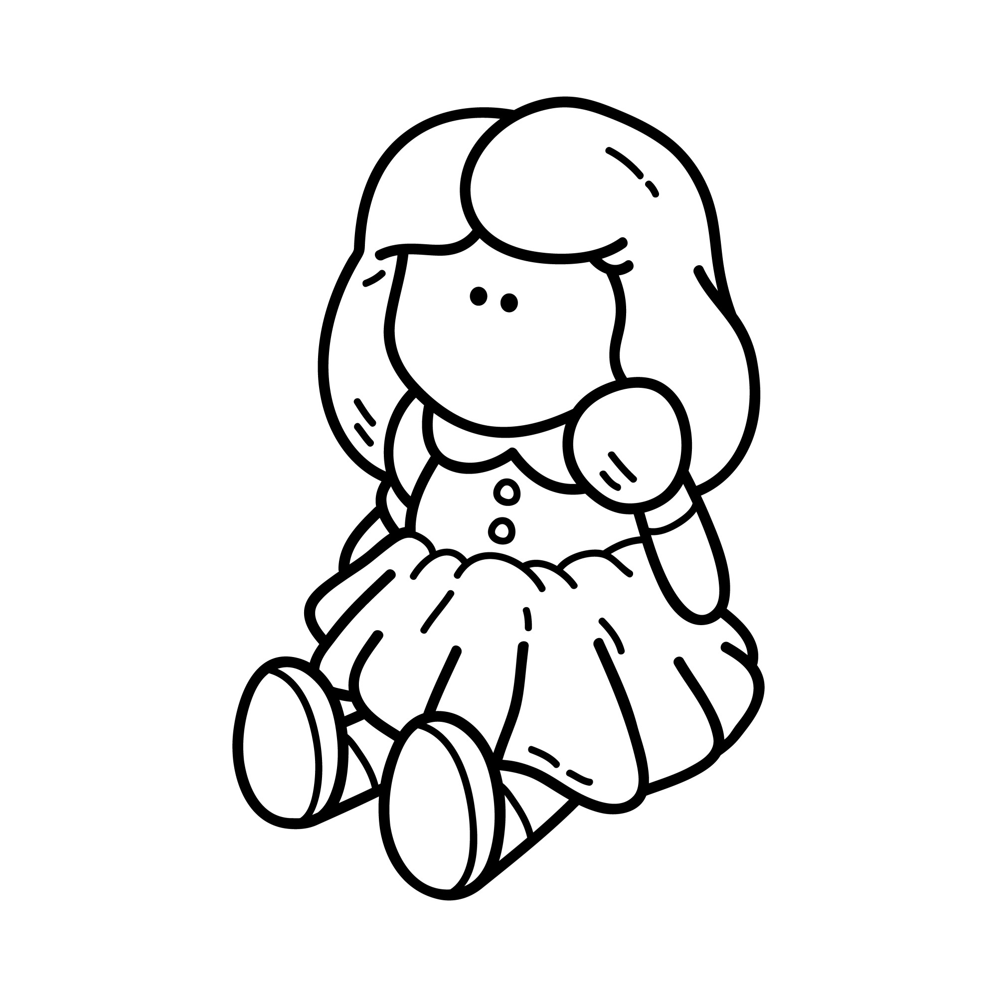 Раскраска для детей: сидячая кукла девочки в платье