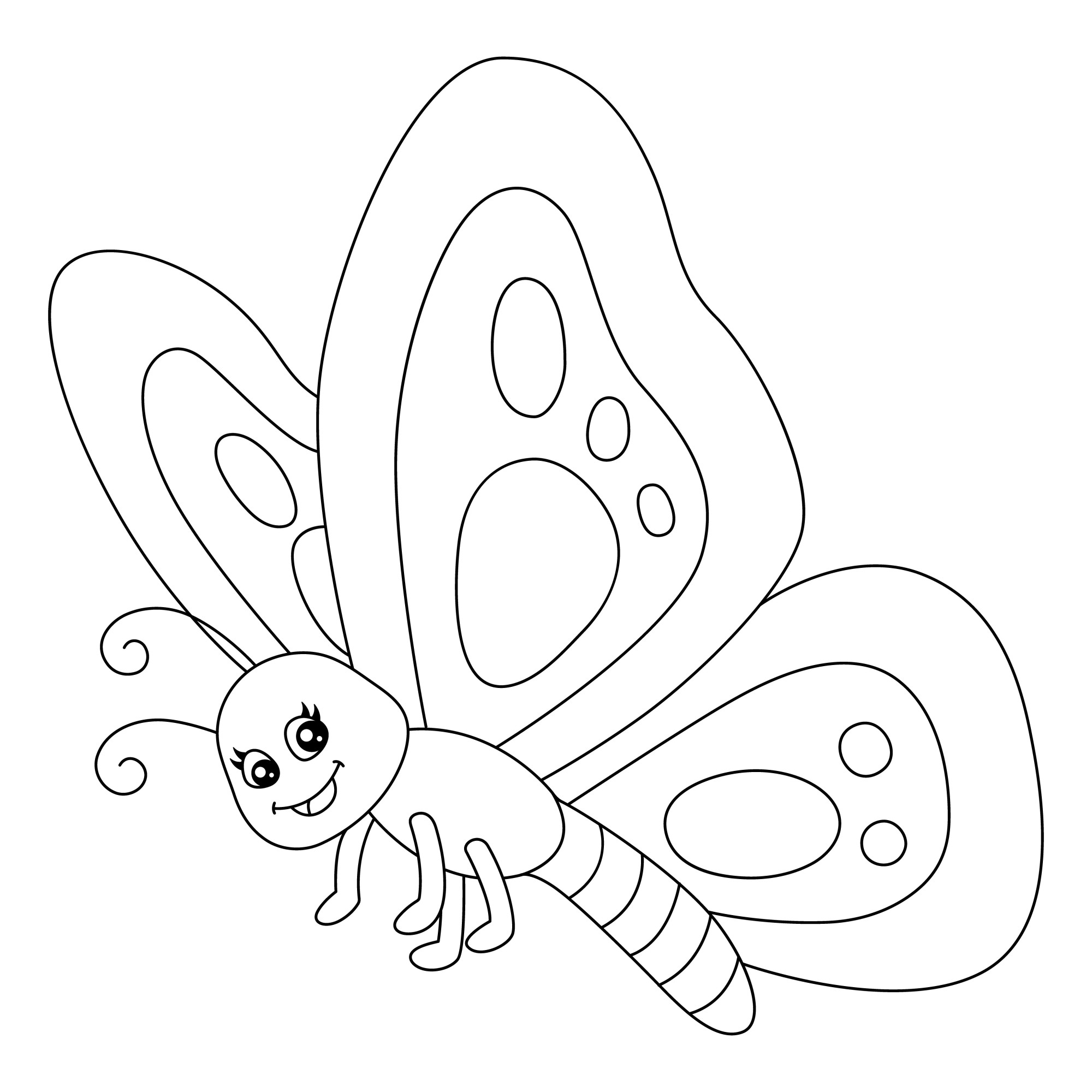 Раскраска для детей: смешная бабочка малыш с большими крыльями
