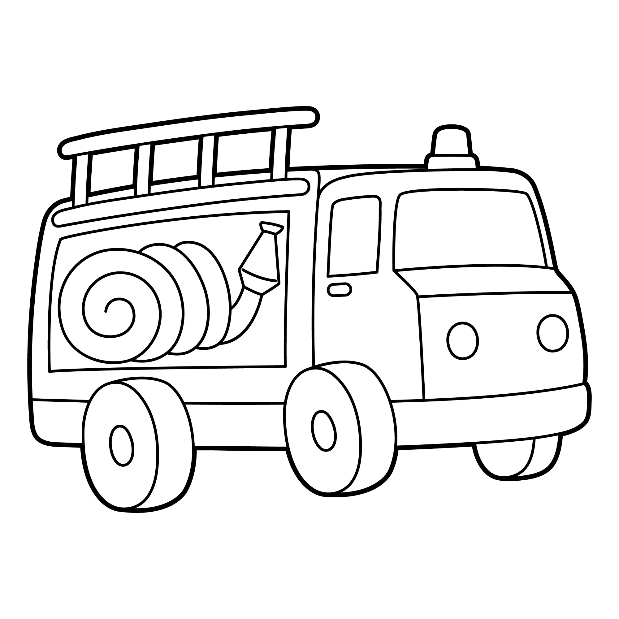 Раскраска для детей: пожарная машина с пожарным рукавом