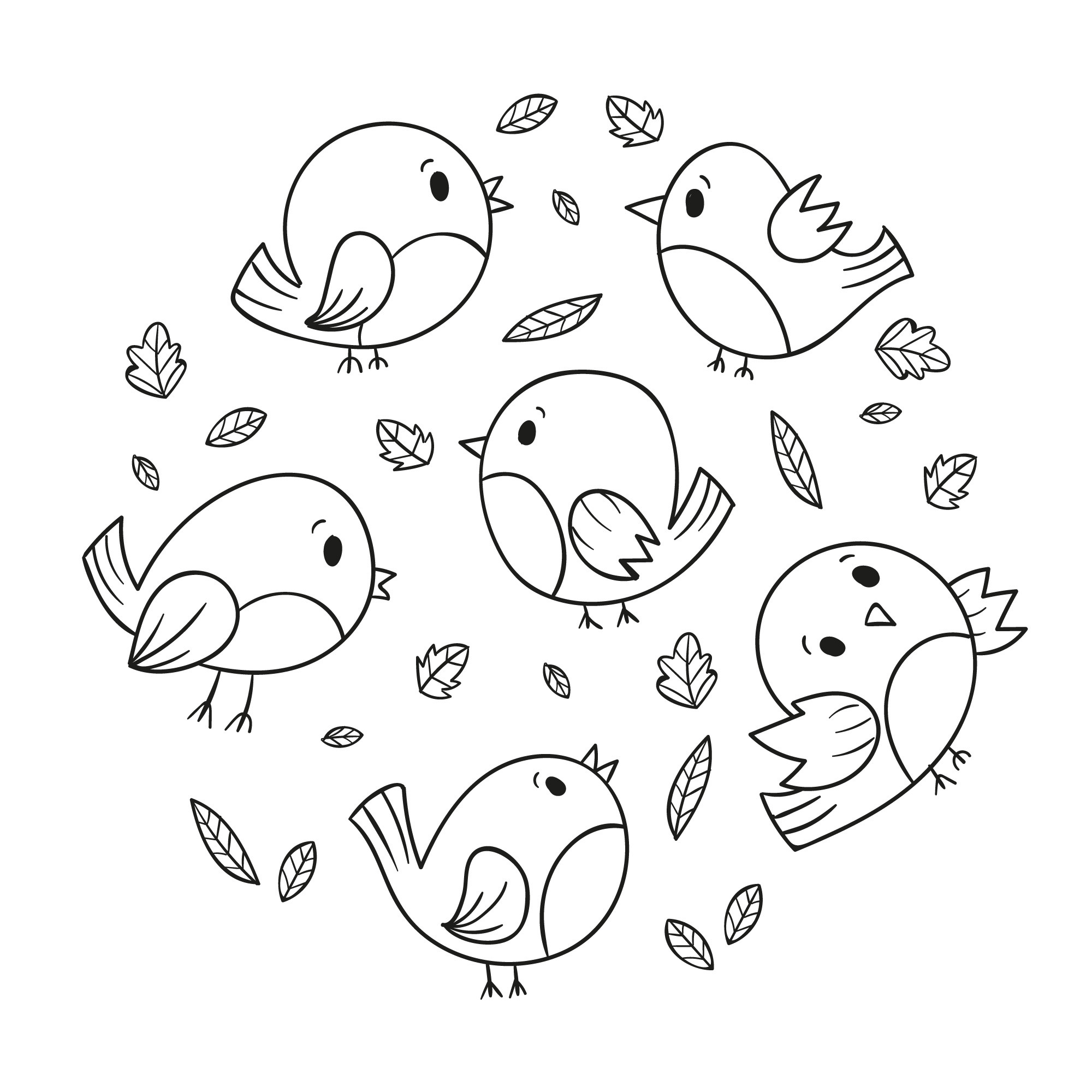 Раскраска для детей: набор из шести птичек с листиками