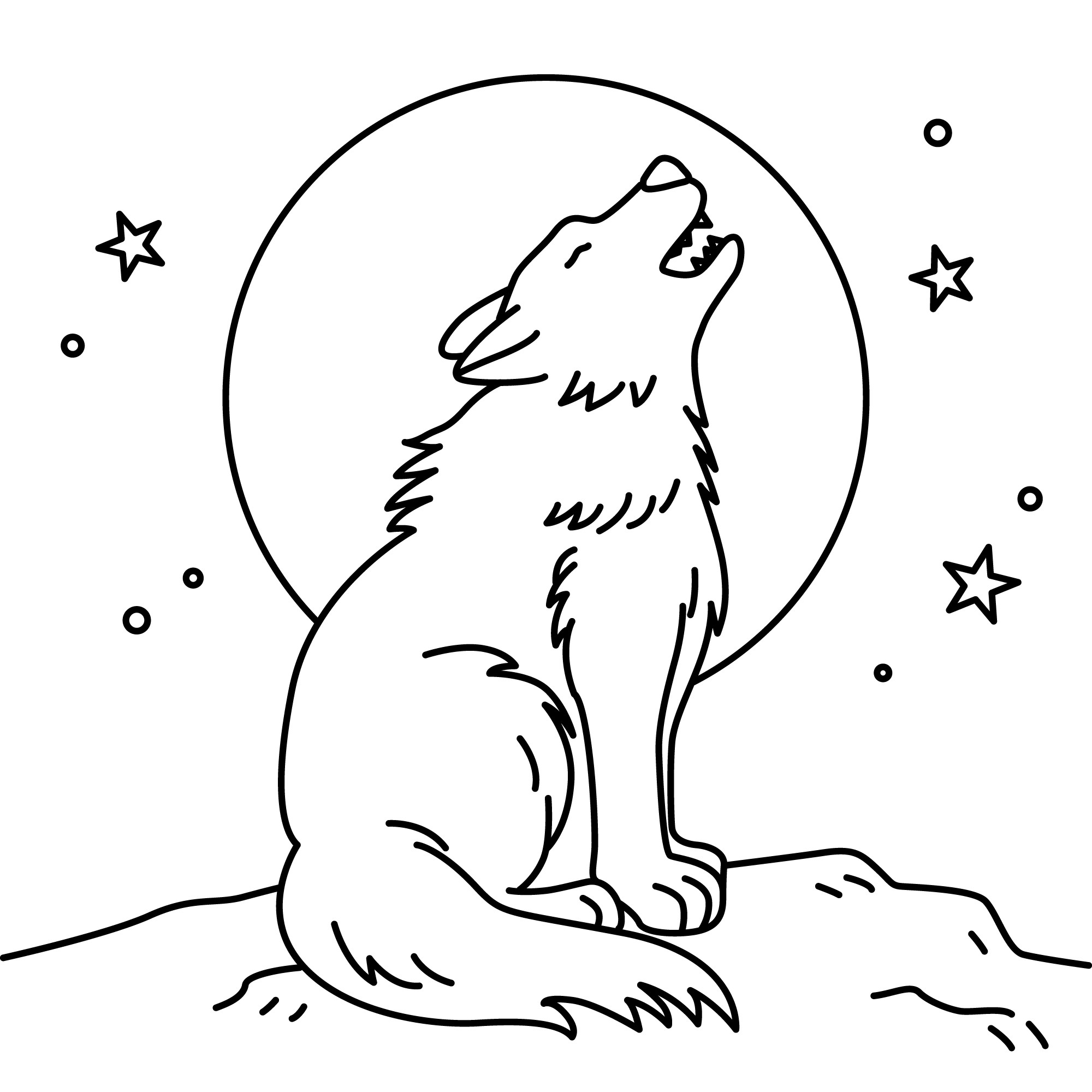 Раскраска для детей: волк на фоне луны и звезд