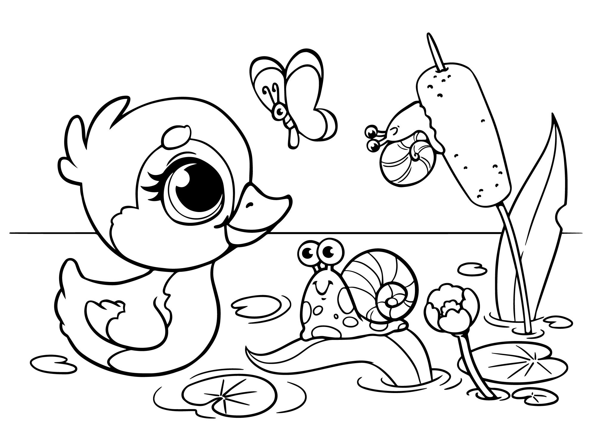 Раскраска для детей: утенок плывет в пруду на фоне камышей и улиток и бабочки