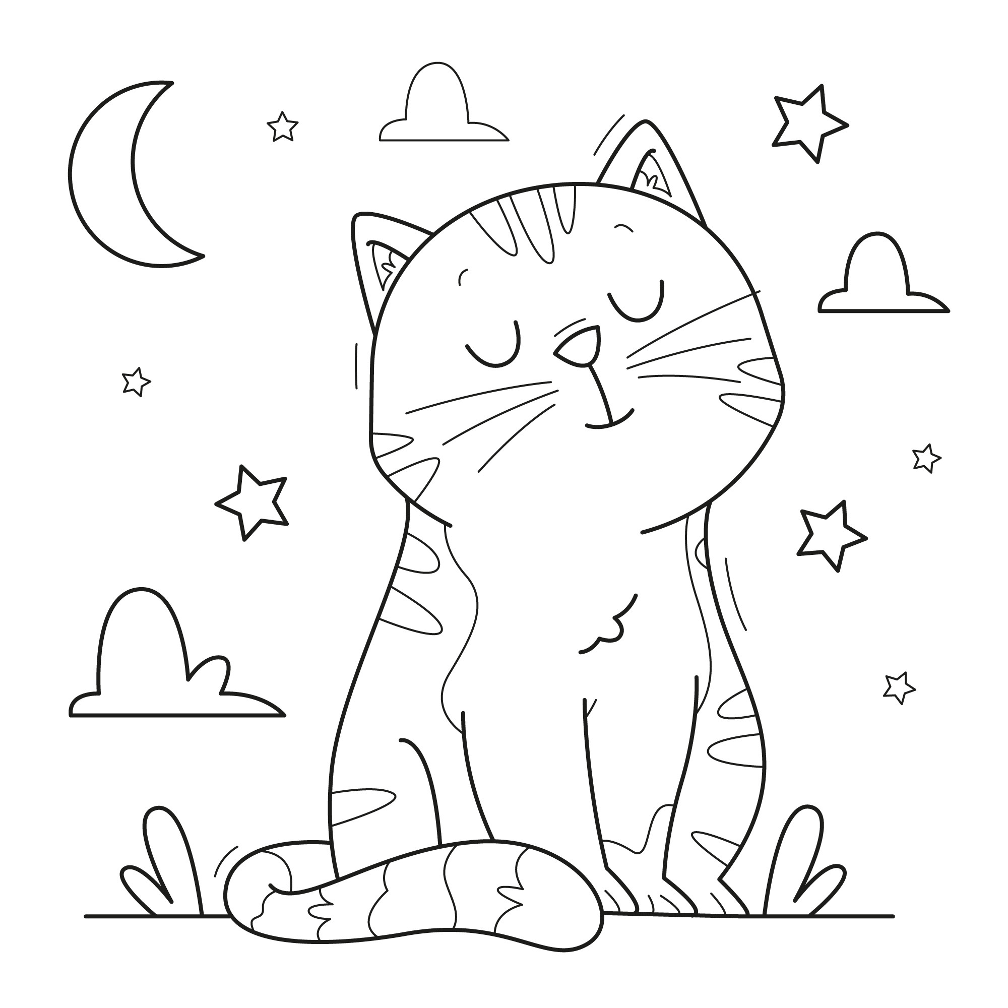 Раскраска для детей: спящий милый кот на фоне звёздного неба