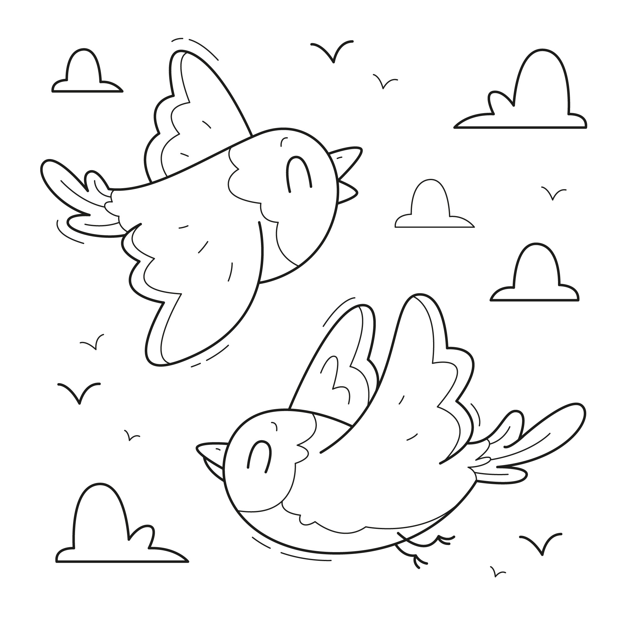Раскраска для детей: две птички летают в небе