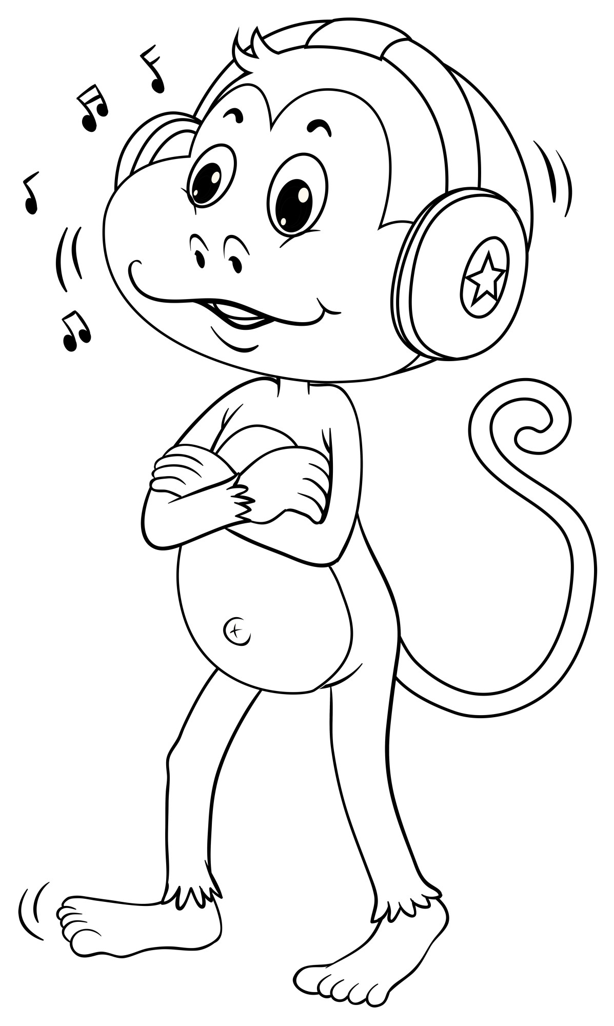 Раскраска для детей: обезьяна слушает музыку в наушниках