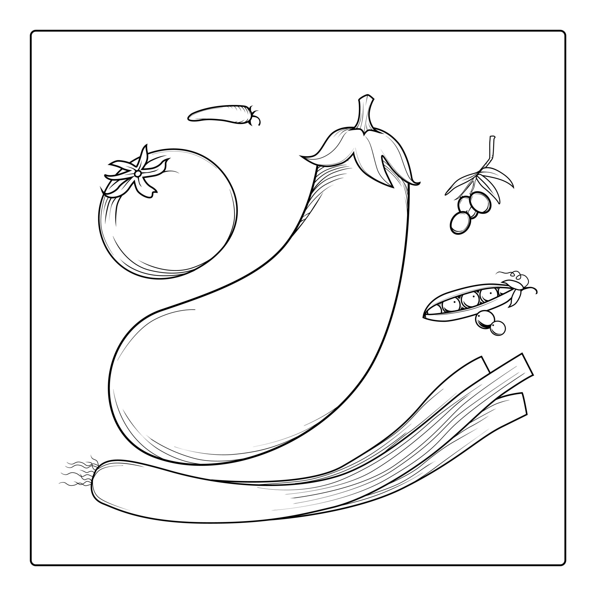Раскраска для детей: баклажан с помидором, луком и горохом