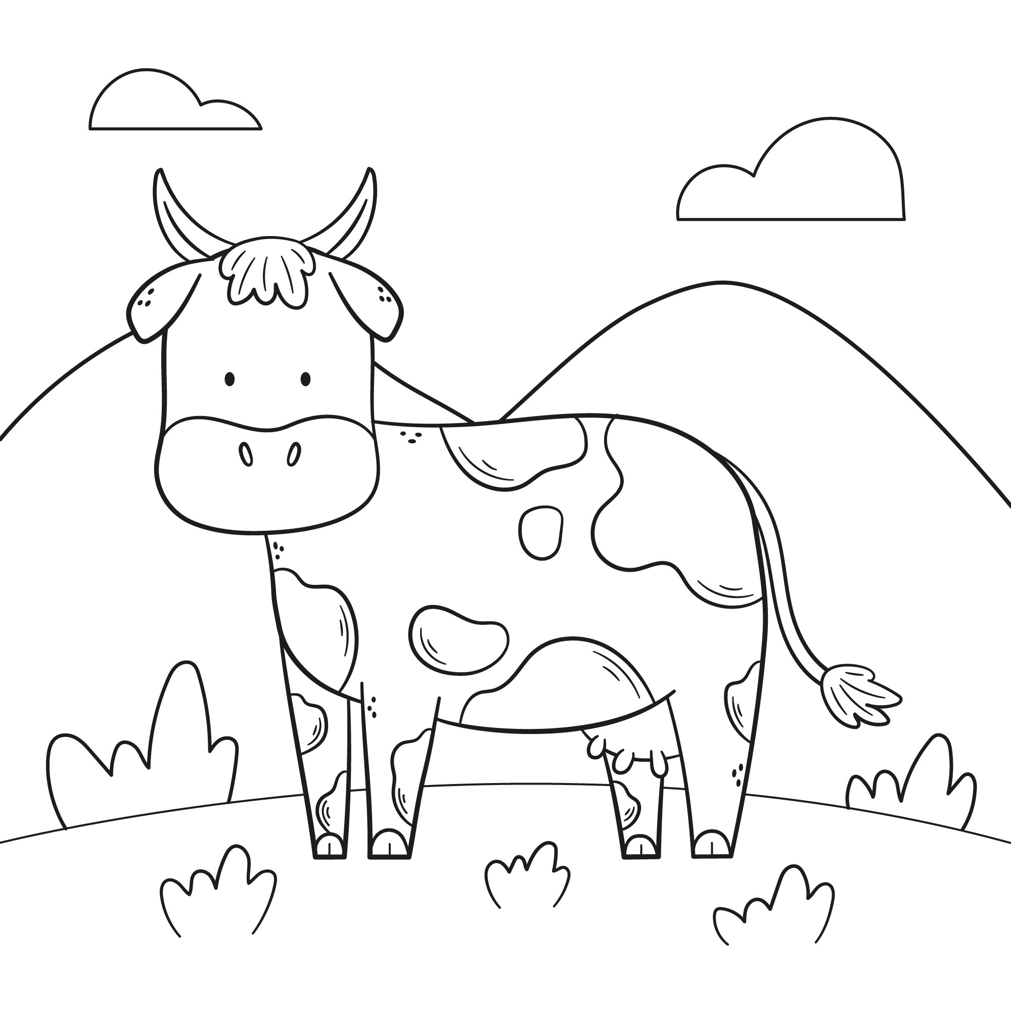 Раскраска для детей: рогатая корова стоит в поле на фоне гор