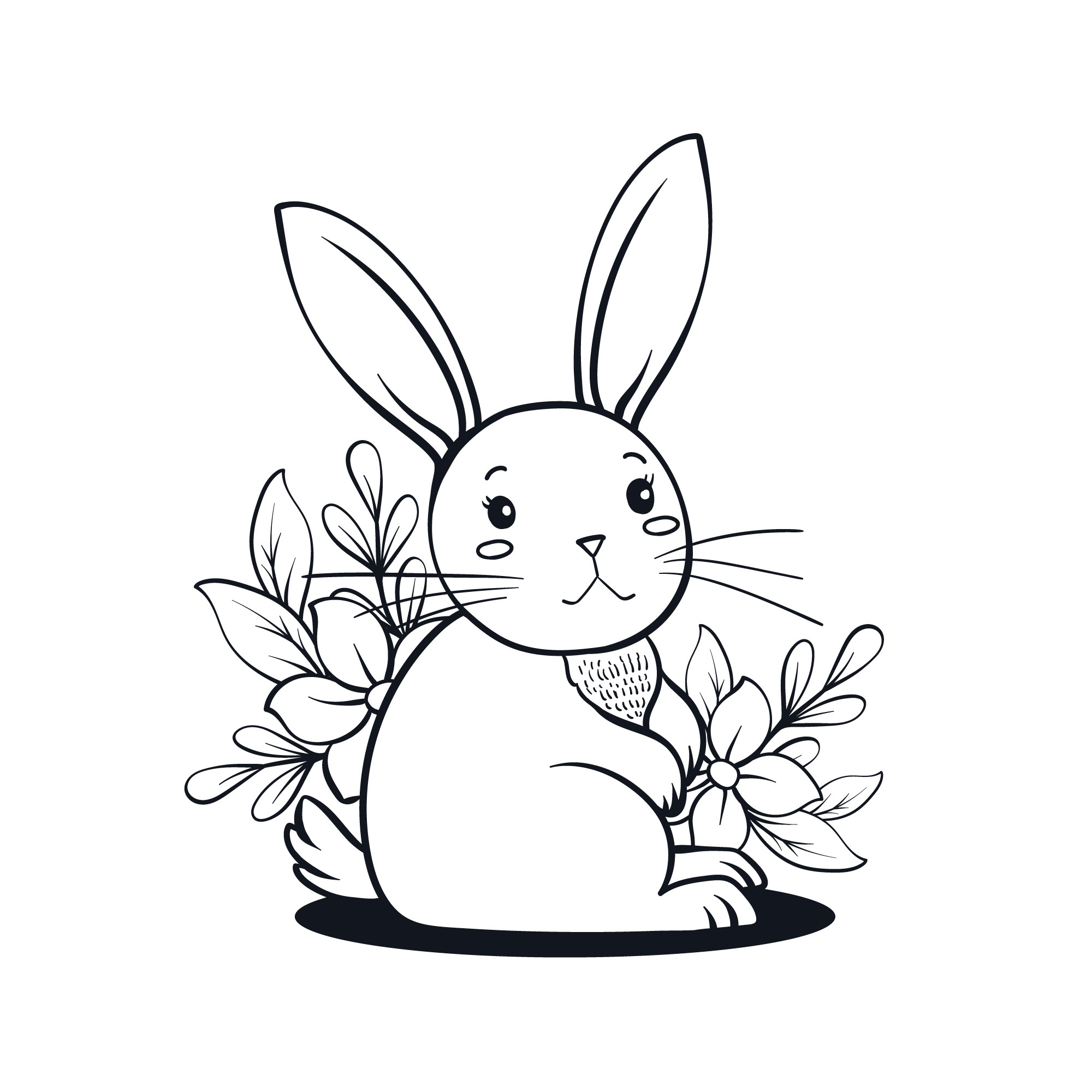 Раскраска для детей: грустный заяц сидит на фоне цветов