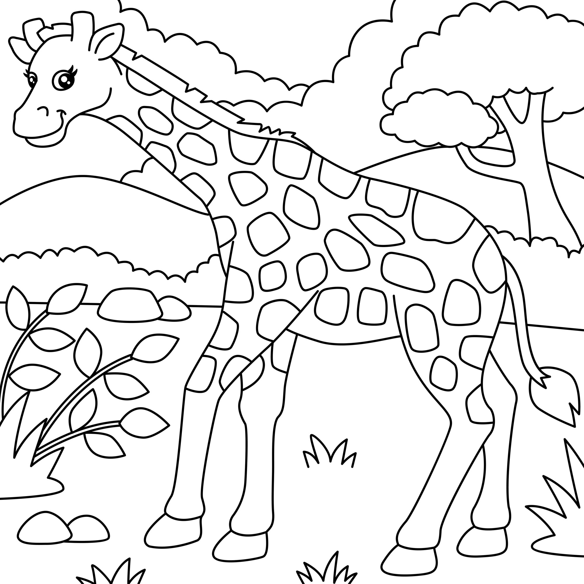 Раскраска для детей: жираф на лугу на фоне леса