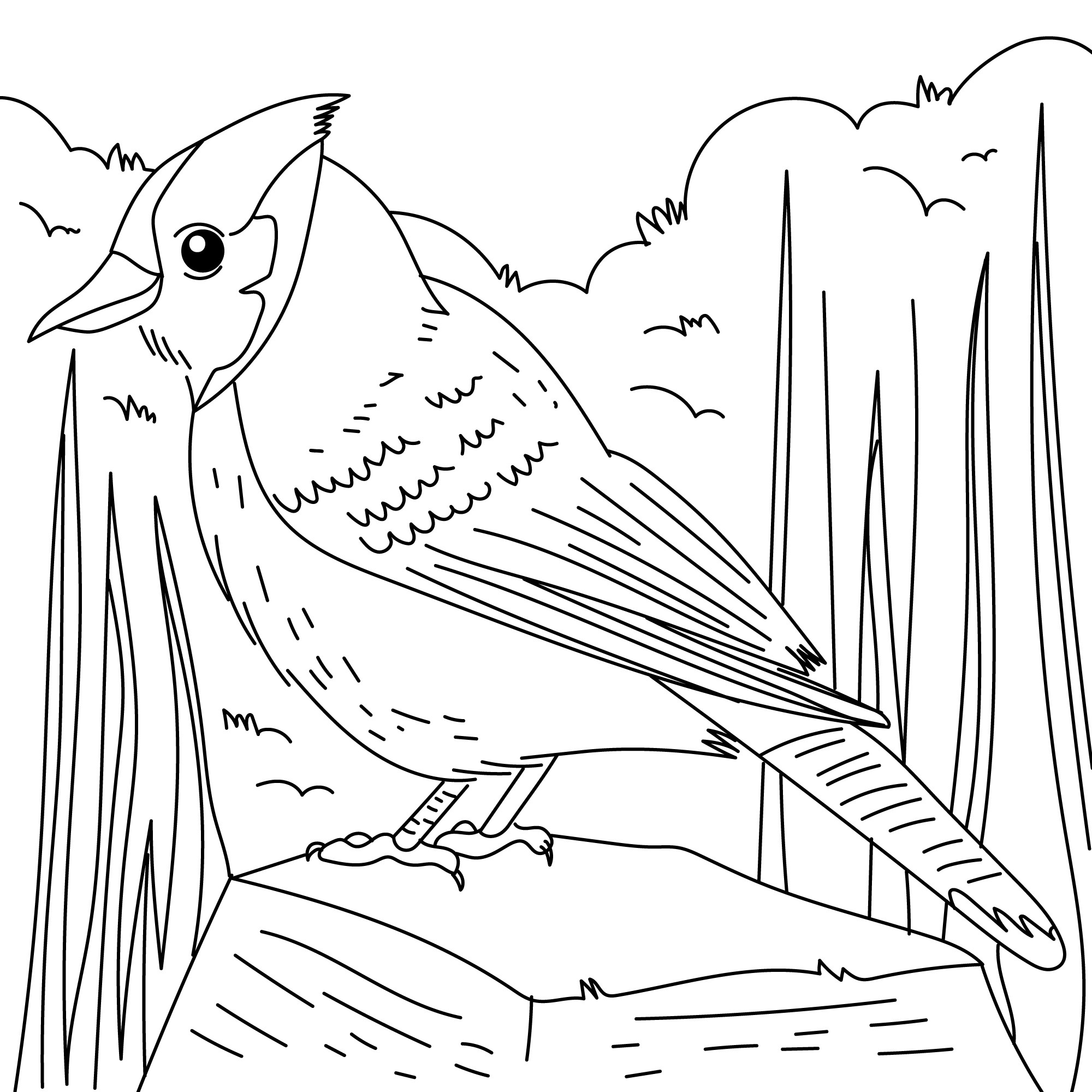 Раскраска для детей: птица на камне в зарослях