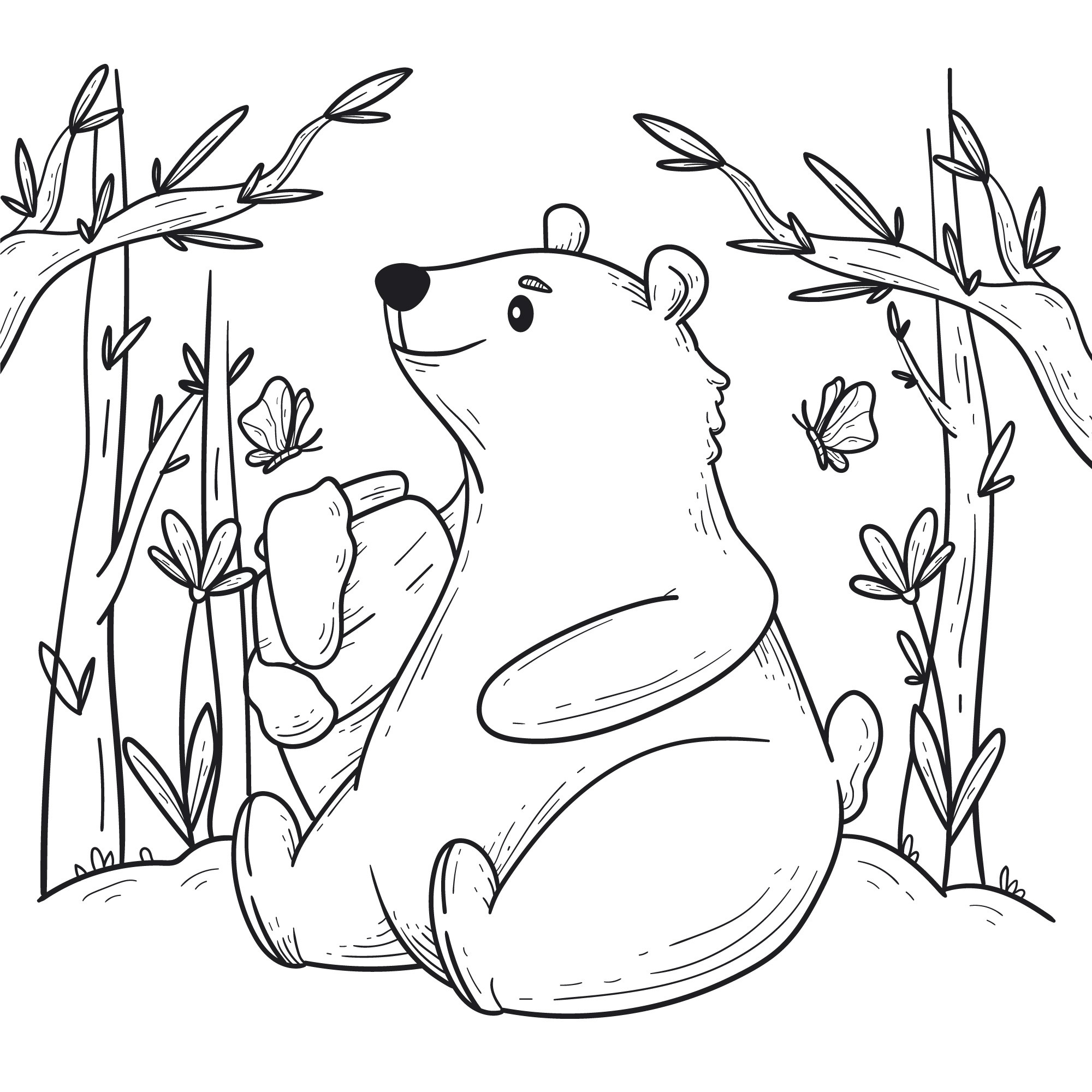 Раскраска для детей: медведь на поляне с бочонком меда