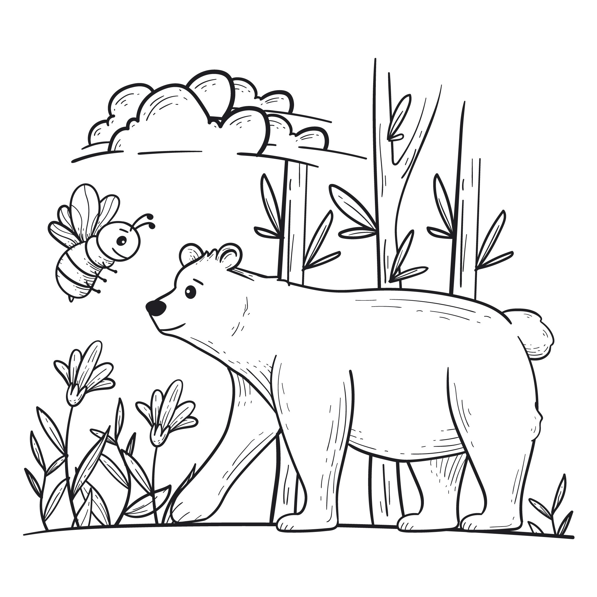 Раскраска для детей: медведь и пчела на фоне леса
