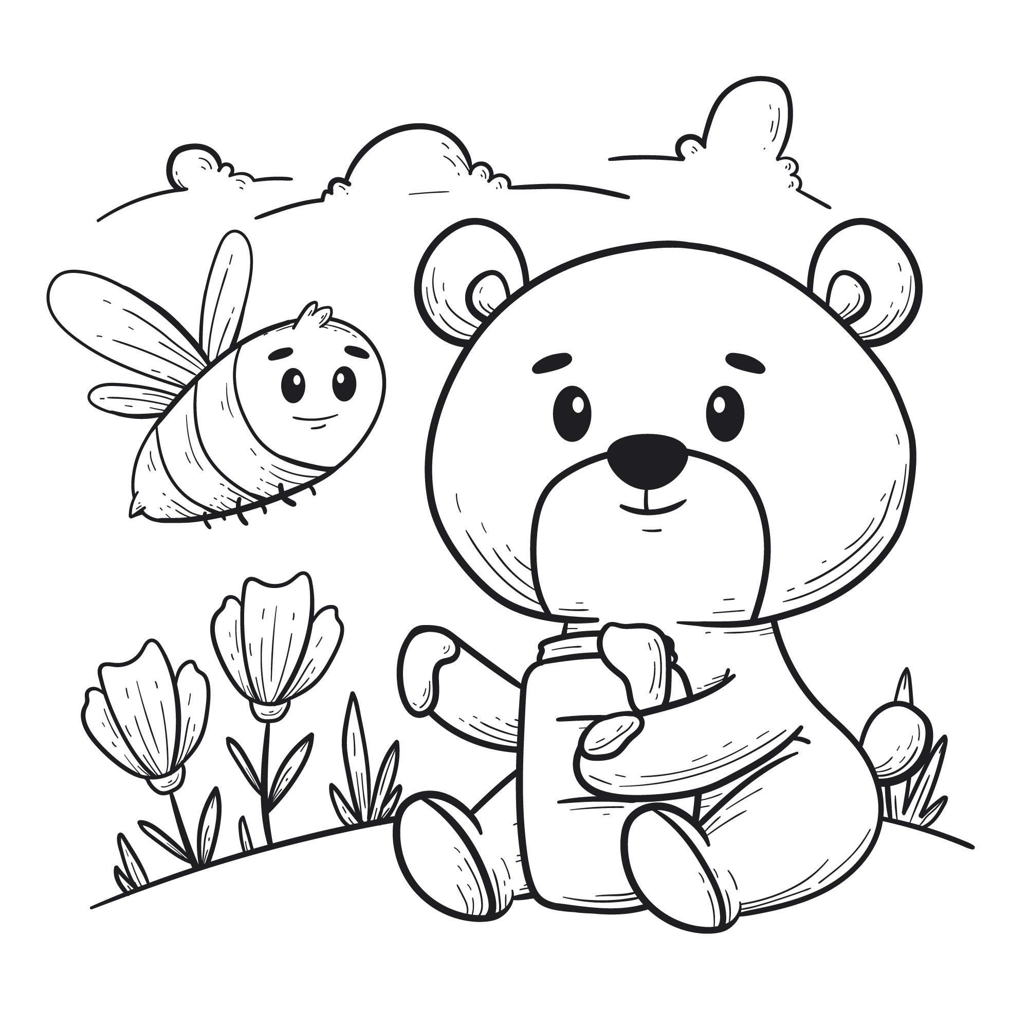 Раскраска для детей: мультяшный медведь с медом и пчелой на поляне с цветами