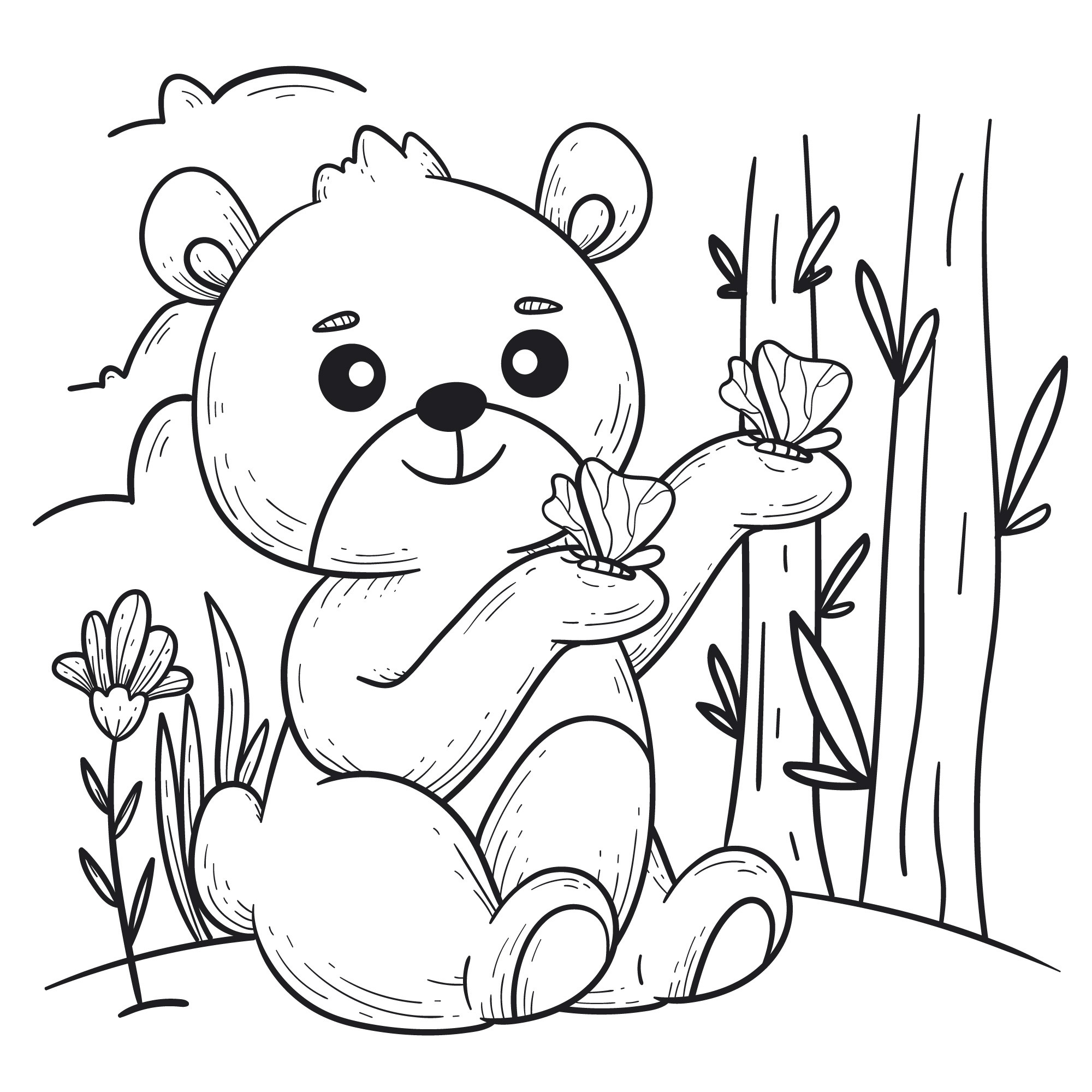 Раскраска для детей: медведь сидит на лужайке с бабочками
